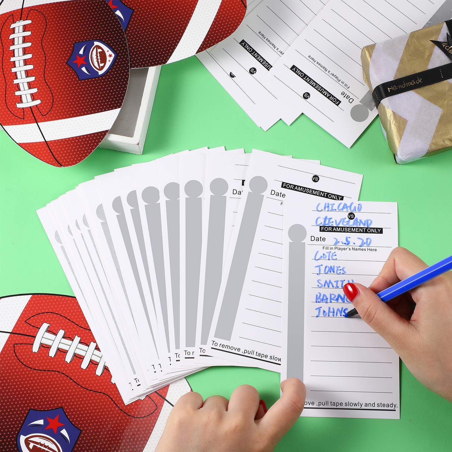 Frienda 100-Piece Football Sports Scratch-Off Strip Cards - Pool Cards for Baseball, Boxing & Soccer Games - Fun Gambling Tickets for Sports Parties, Tailgates & Game Nights (10-Line Design)