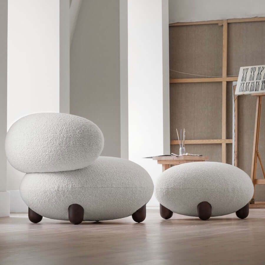 Japandi Style White Boucle Sherpa Round Accent Chair with Wooden Legs & Ottoman - Modern Scandinavian Minimalist Lounge Chair for Living Room, Bedroom or Office