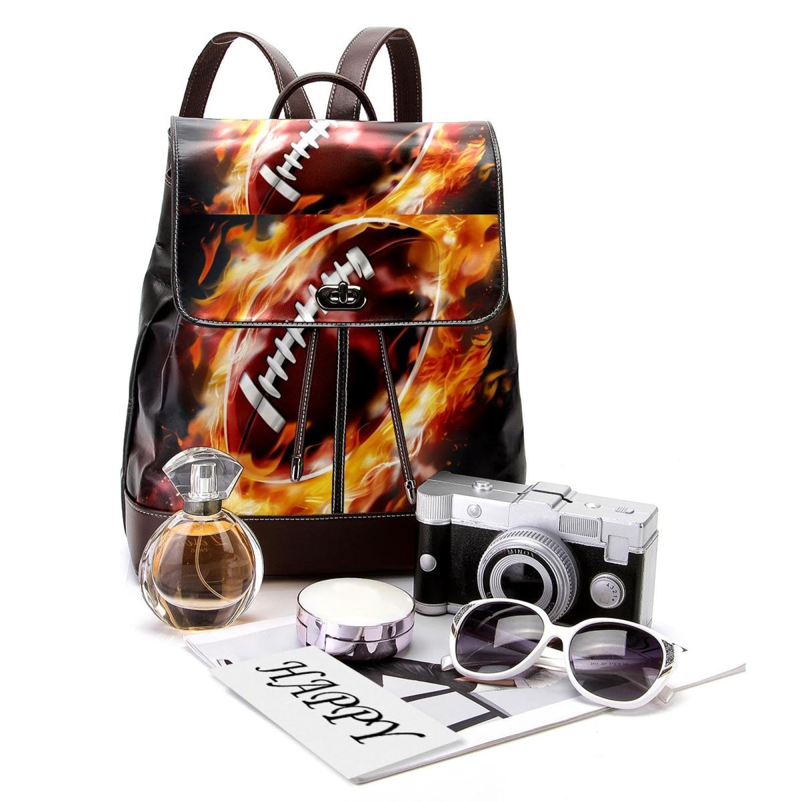Stylish Travel Backpack for Women & Men - Durable American Football & Fire Design Backpack - Perfect for Commuting, Hiking, and Outdoor Adventures
