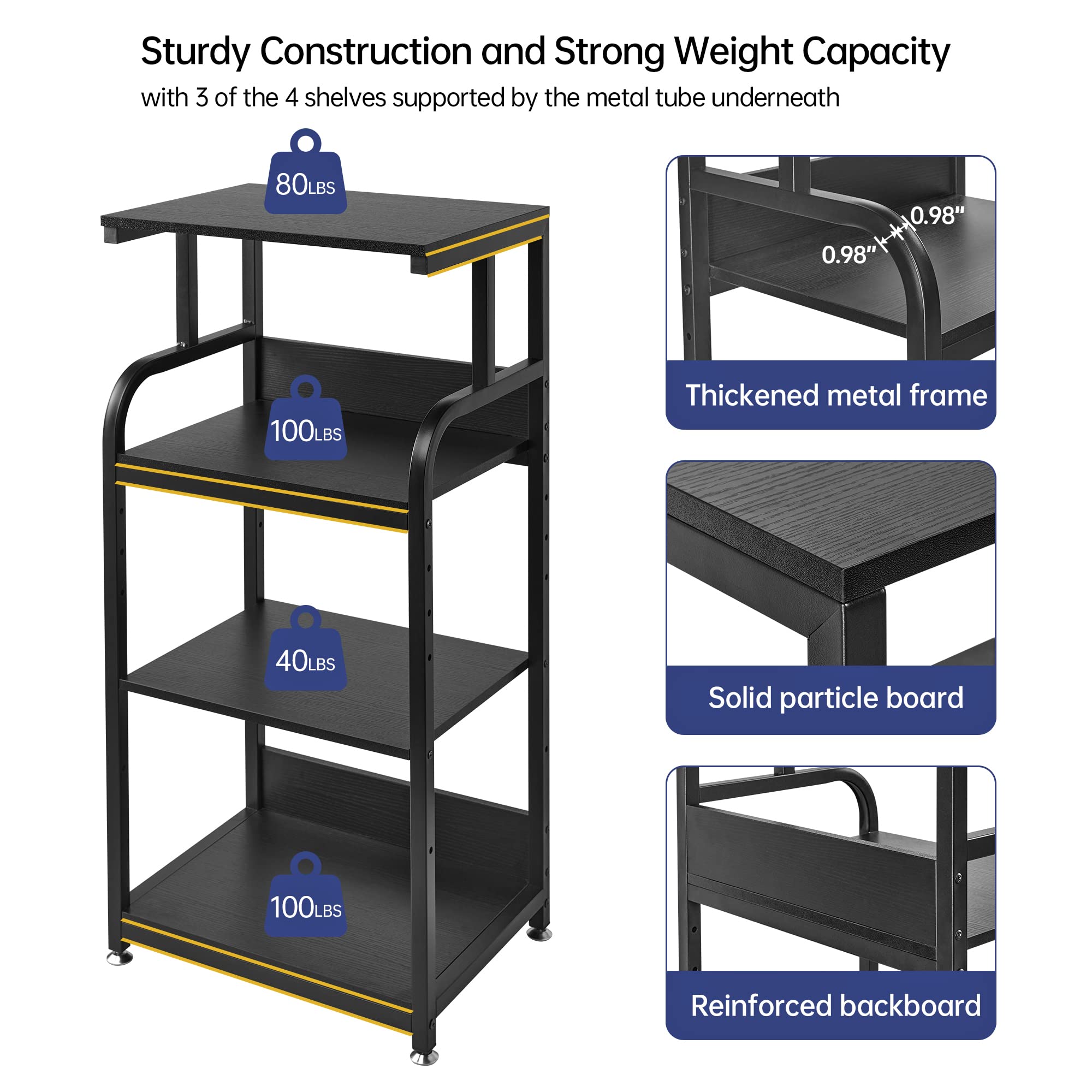 Adjustable 4-Tier Printer Stand with Wheels - Large Tall Rolling Cart for Home Office Storage, Computer Tower, CPU & Shredder Organization (Black) | Perfect for Small Spaces & Workspace Organization