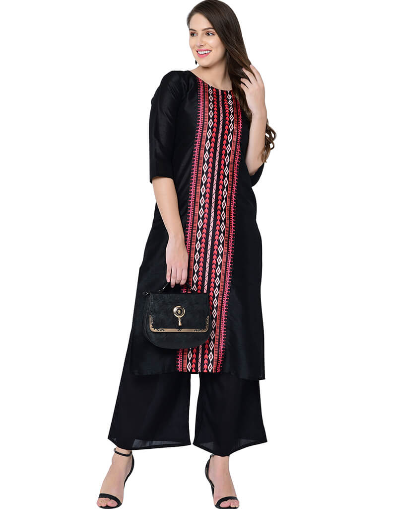 Black Poly Silk Palazzo Suit for Women - Elegant & Comfortable Wide Leg Pants Set for Casual Wear, Office & Party Outfits