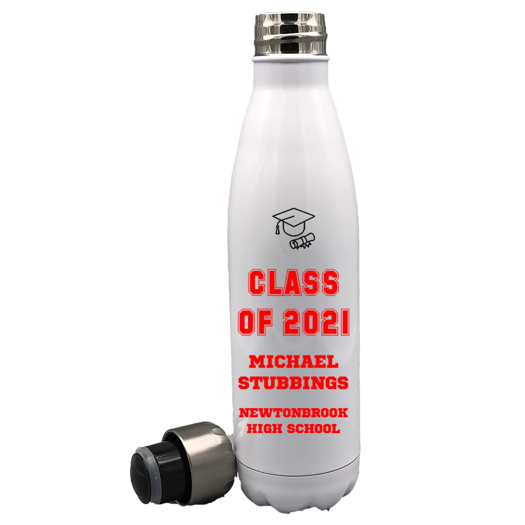 **Personalized Graduation Water Bottle for Class of 2021 - Custom Keepsake for Boys & Girls - Red & White - Perfect for Graduation Gifts & School Celebrations**