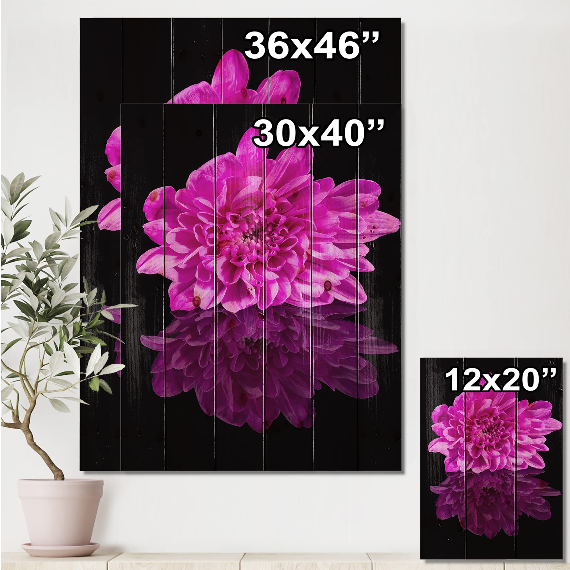 DesignQ Single Chrysanthemum Flower Wood Wall Art - Traditional Black Reflection Floral Decor, Large Purple Pine Wood Panel for Living Room, Bedroom & Office Decoration