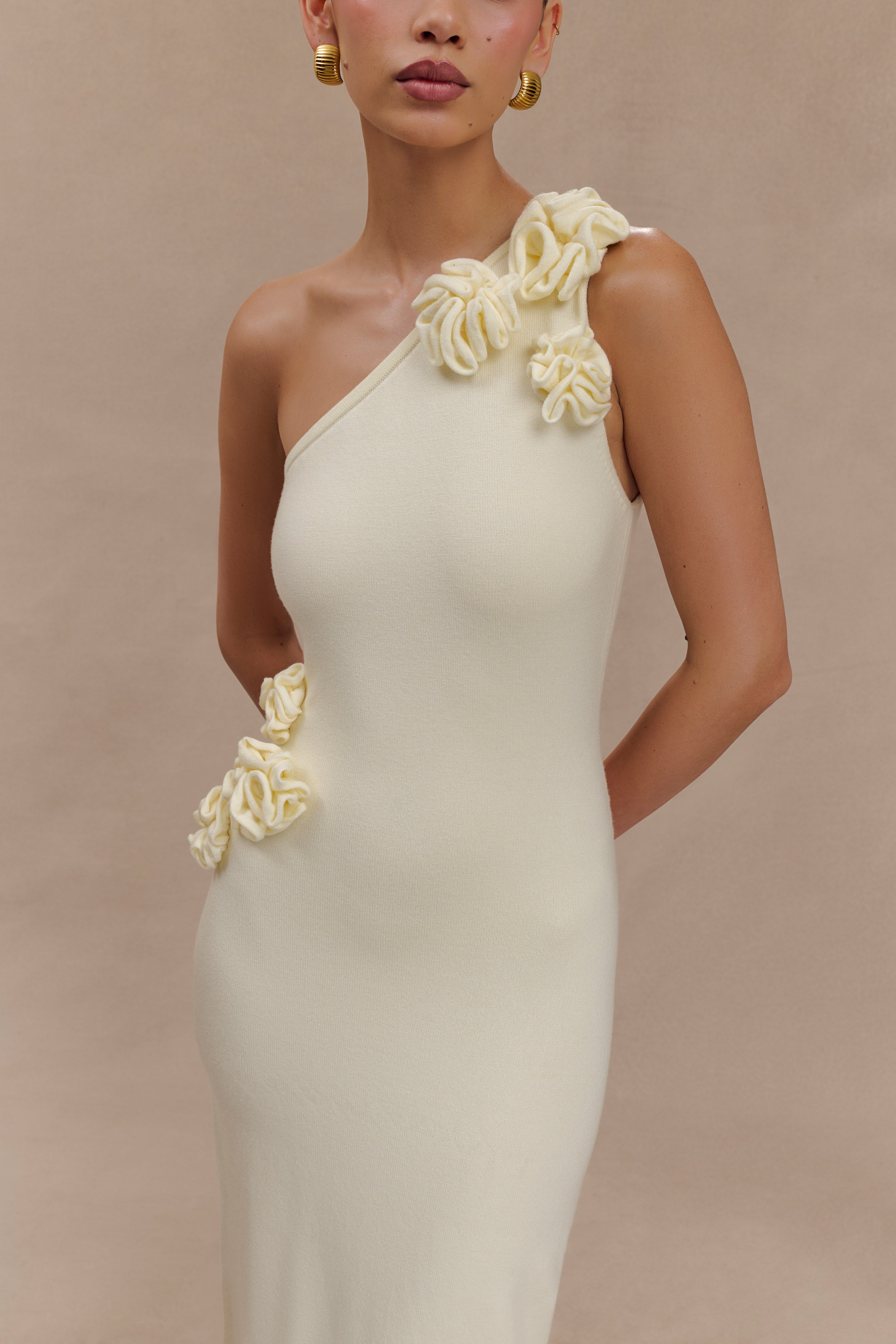 Paloma One Shoulder Knit Maxi Dress with Floral Print in Ivory | Elegant Beach Wedding Guest Dress for Summer Vacations