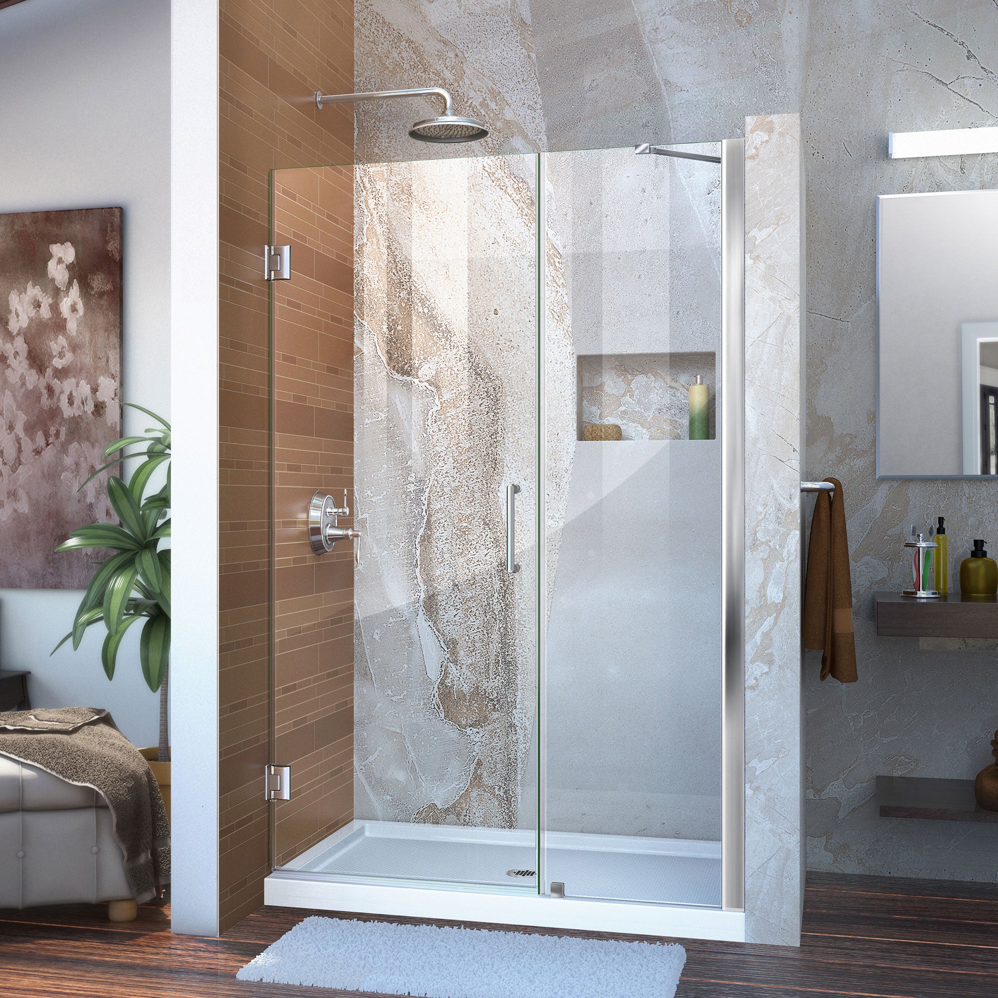 DreamLine Unidoor 47-48 Inch W x 72 Inch H Frameless Hinged Shower Door with Support Arm - Clear Tempered Glass - Perfect for Modern Bathrooms & Walk-in Showers