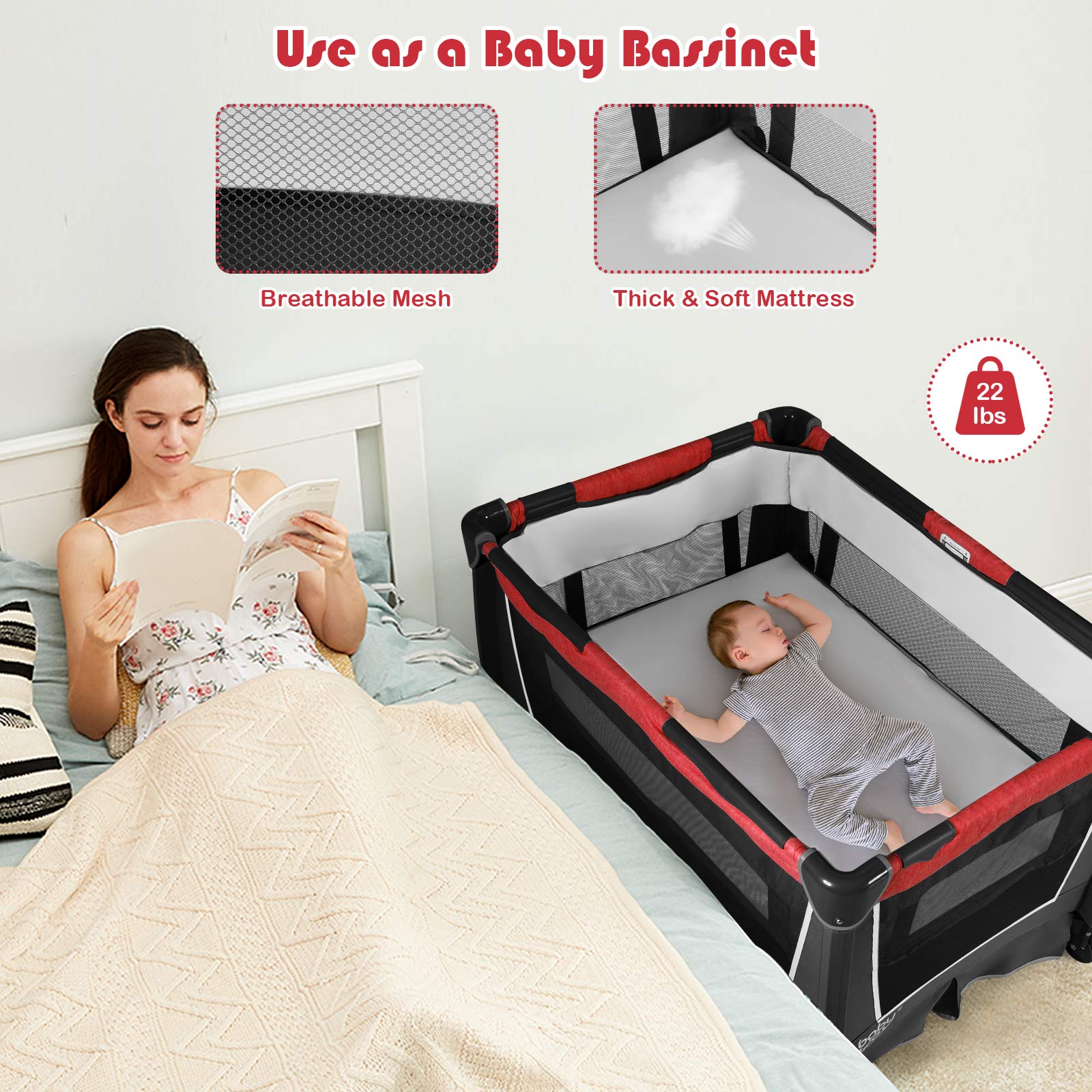 BABY JOY 4-in-1 Portable Playard with Bassinet, Changing Table & Activity Center - Baby Nursery Playpen with Music, Toys & Storage Bag for Newborns & Toddlers (Rose, Classic) - Perfect for Home, Travel & Daycare Use