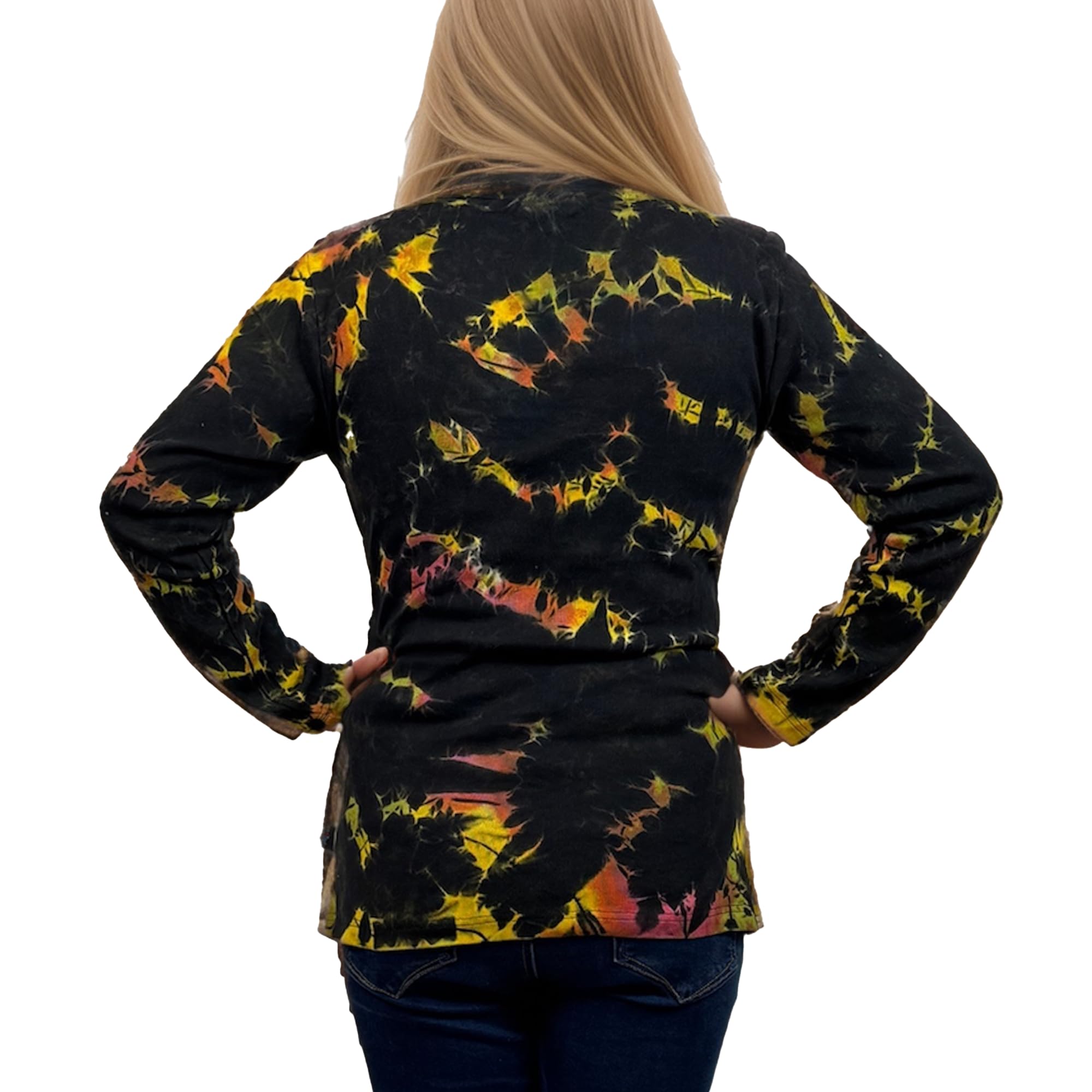 Agan Traders 2025 Spring Women's Bohemian Tie-Dye Knit Jersey Patch Razor Cut Embroidered Long Sleeve Sweatshirt Top Blouse - Casual Chic Outfit for Music Festivals, Beach Days & Boho Style