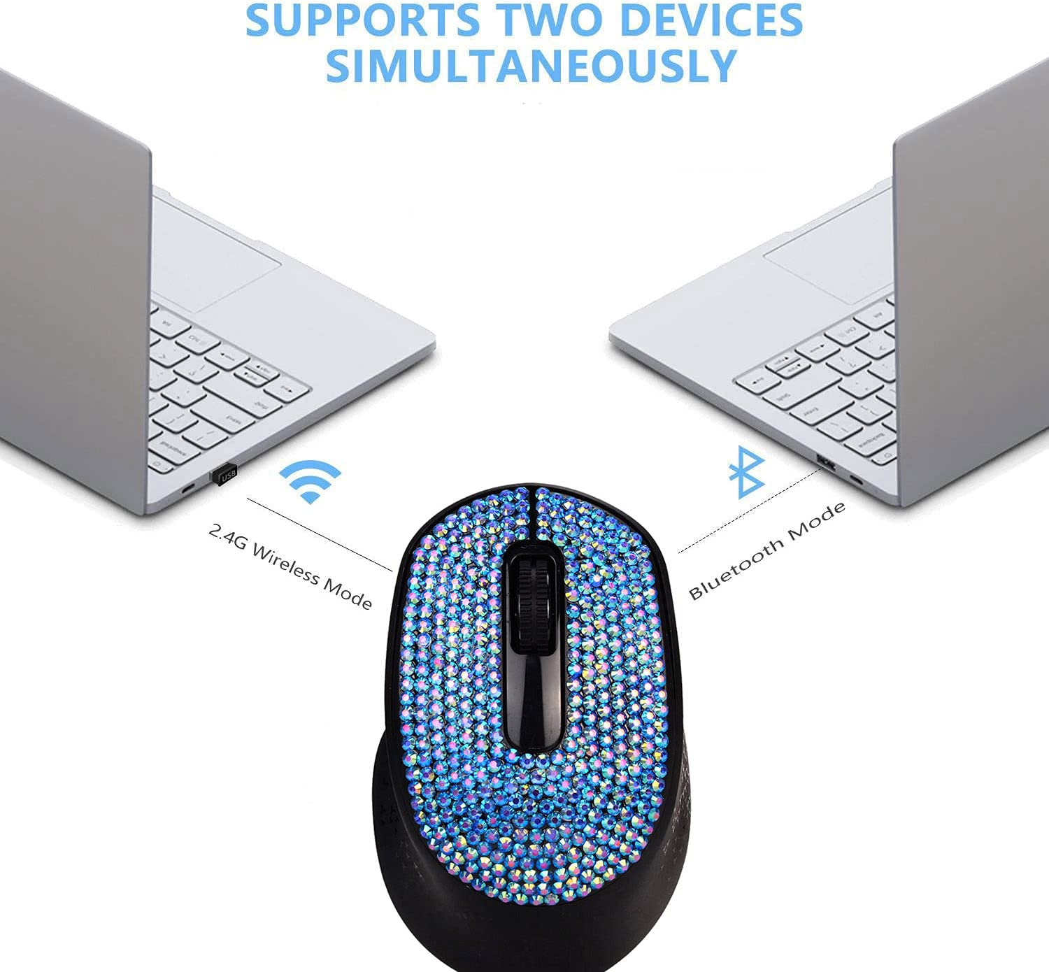 Bling Bluetooth Wireless Mouse with Sparkle Rhinestones - Dual Mode Bluetooth & USB Receiver, 1500 DPI Adjustable for Laptop, PC, Mac, Tablet - Perfect for Office Work, Gaming & Travel (Blue)