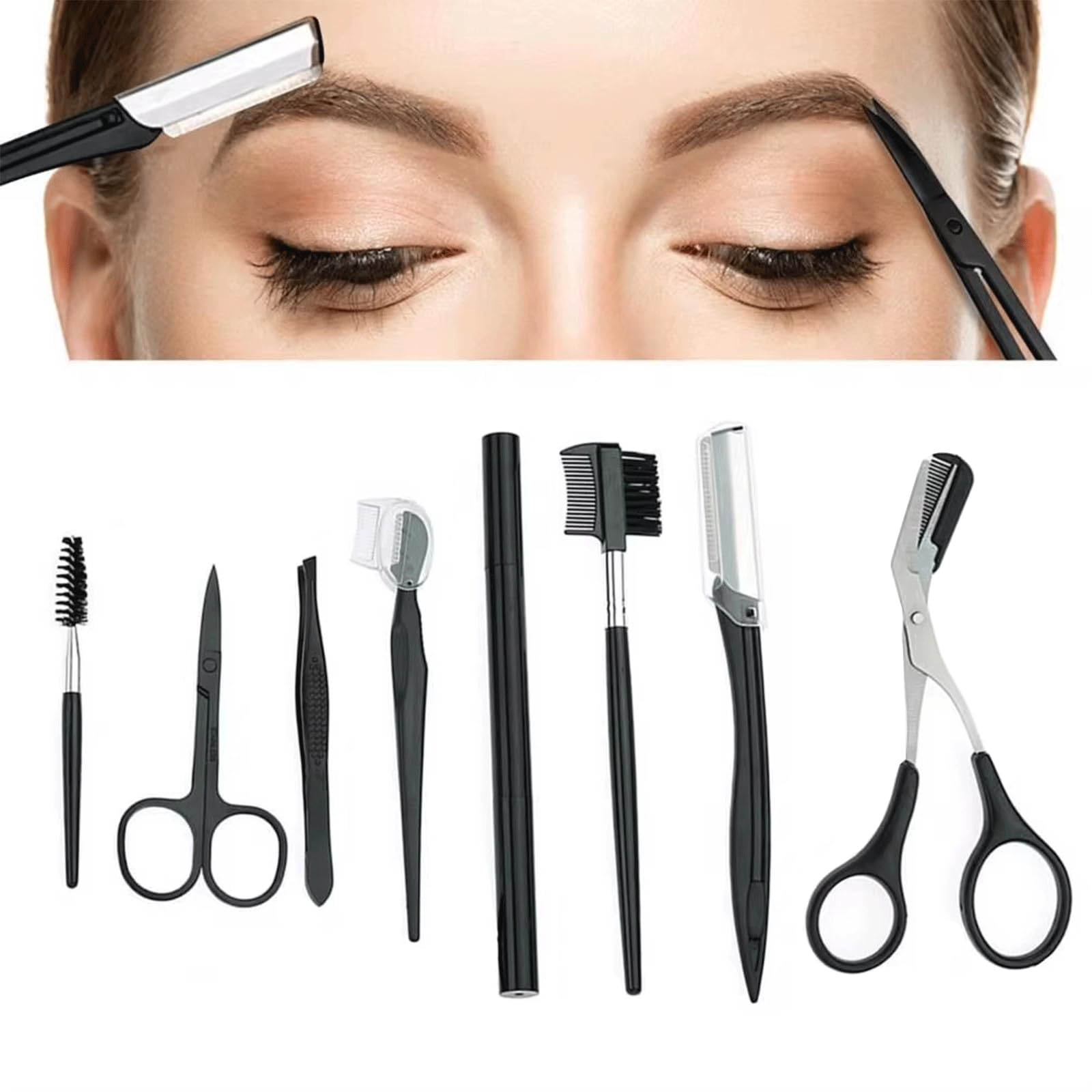 8-in-1 Eyebrow Trimmer Kit for Women - Professional Eyebrow Shaping Grooming Set with Scissors, Razor, Pencil, Comb, Tweezers & Eyelash Tools | Perfect for Eyebrow Styling, Makeup Application & At-Home Beauty Care