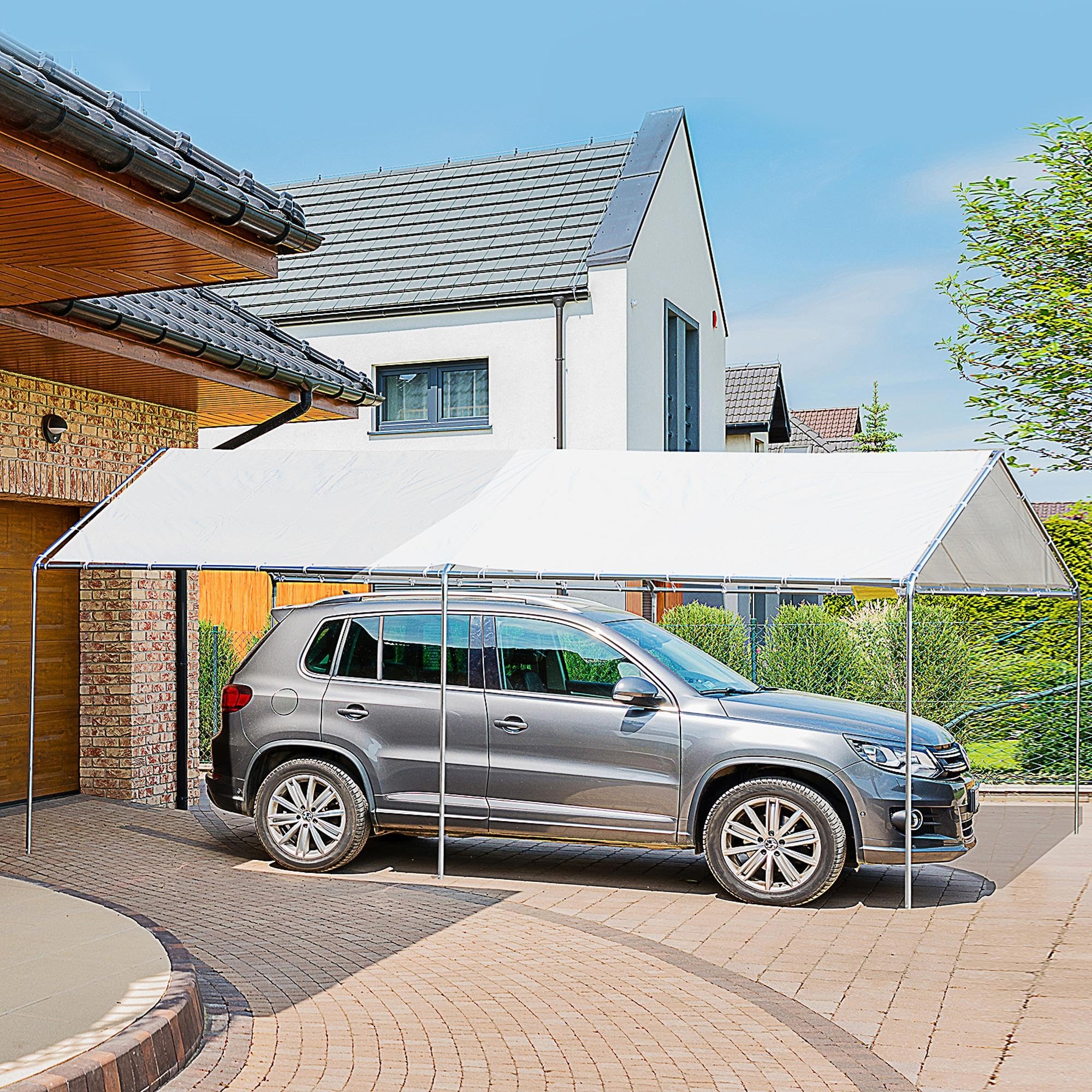 Outsunny 10'x20' Heavy Duty Galvanized Steel Carport Canopy with Anchor Kit & 3 Reinforced Steel Cables - White | Weatherproof Shelter for Cars, Trucks, RVs, Boats & Outdoor Equipment Protection