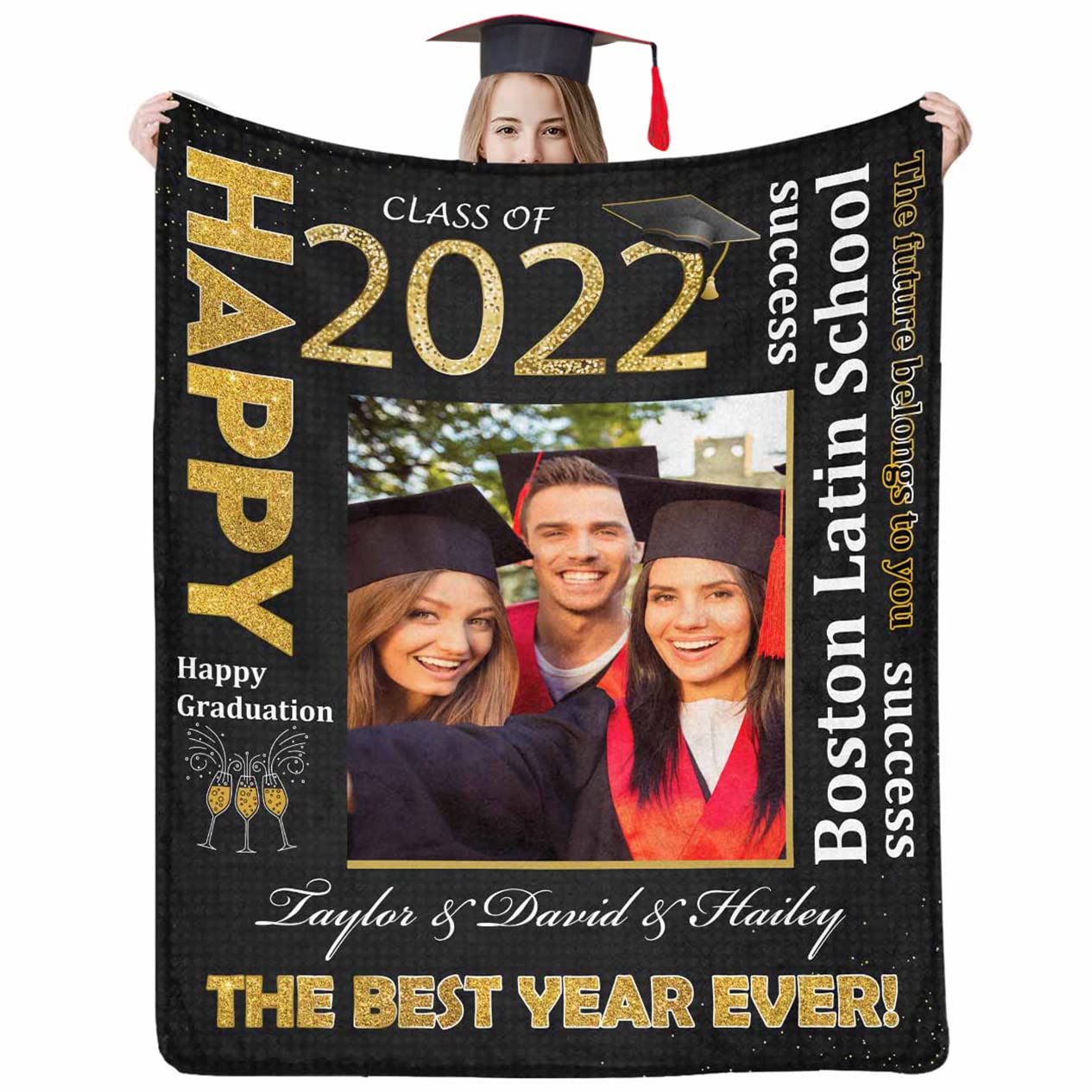 Personalized Graduation Blankets 2022 - Custom College Name & Photo Throw Blanket - Unique Graduation Gift for High School & College Seniors, Masters - Soft Fleece Blanket in Multiple Colors - Perfect for Dorm Room, Graduation Party & Keepsake Memories