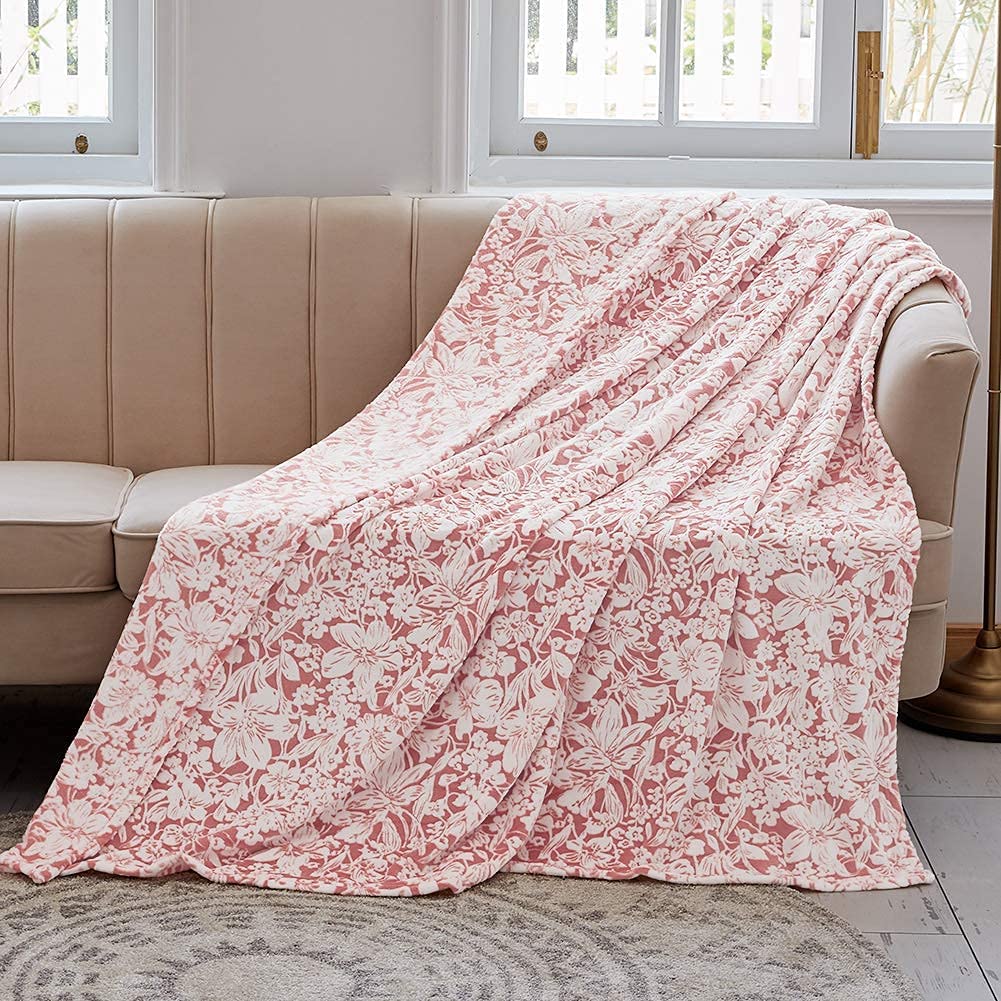 FY FIBER HOUSE Flannel Fleece Throw Blanket - Ultra Soft Lightweight Microfiber Blanket with Floral Print, 90