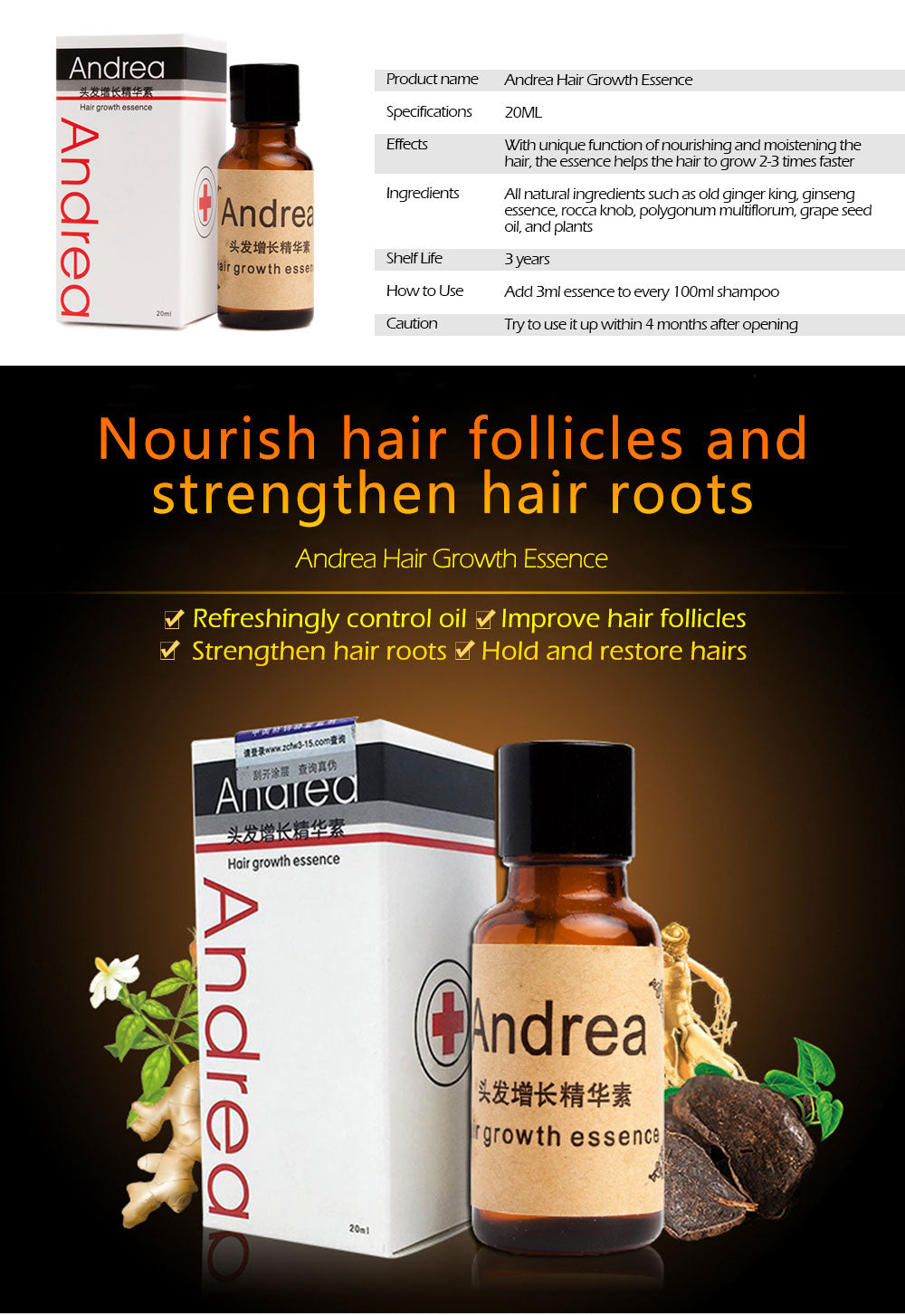 Hair Growth Serum for Women & Men - Anti Hair Loss Treatment 20ml, Keratin Hair Care with Andrea Hairstyle Styling - Promote Thicker, Fuller Hair for Daily Styling & Volume Boost