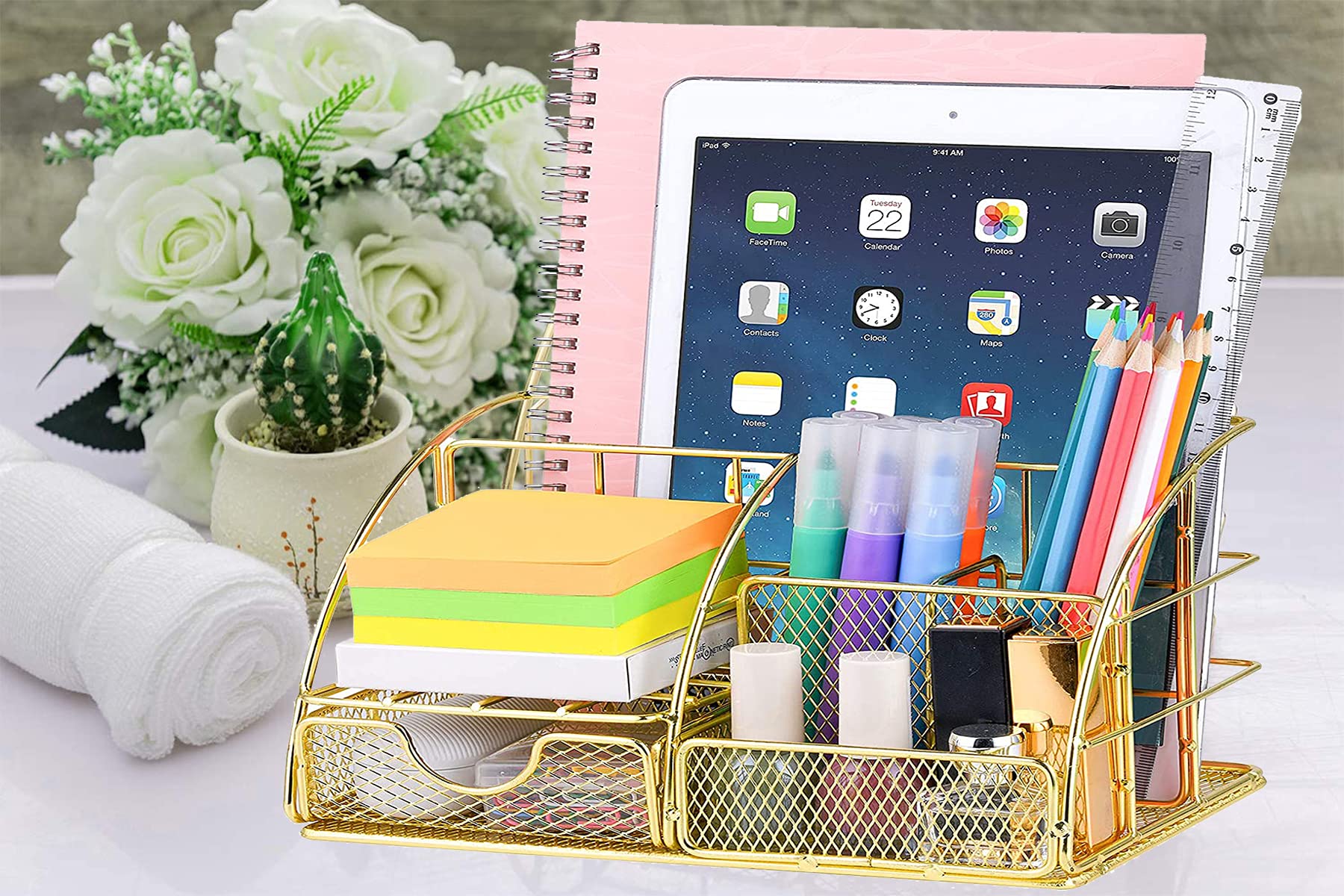 Gold Desk Organizer Set - All-in-One Desktop Organizer with Pen Holder, Pencil Holder & Paper Tray | Stylish Mesh Office Accessory with Drawer for Home & Office Supplies | Perfect for Work Desks, Study Areas & Gift Giving