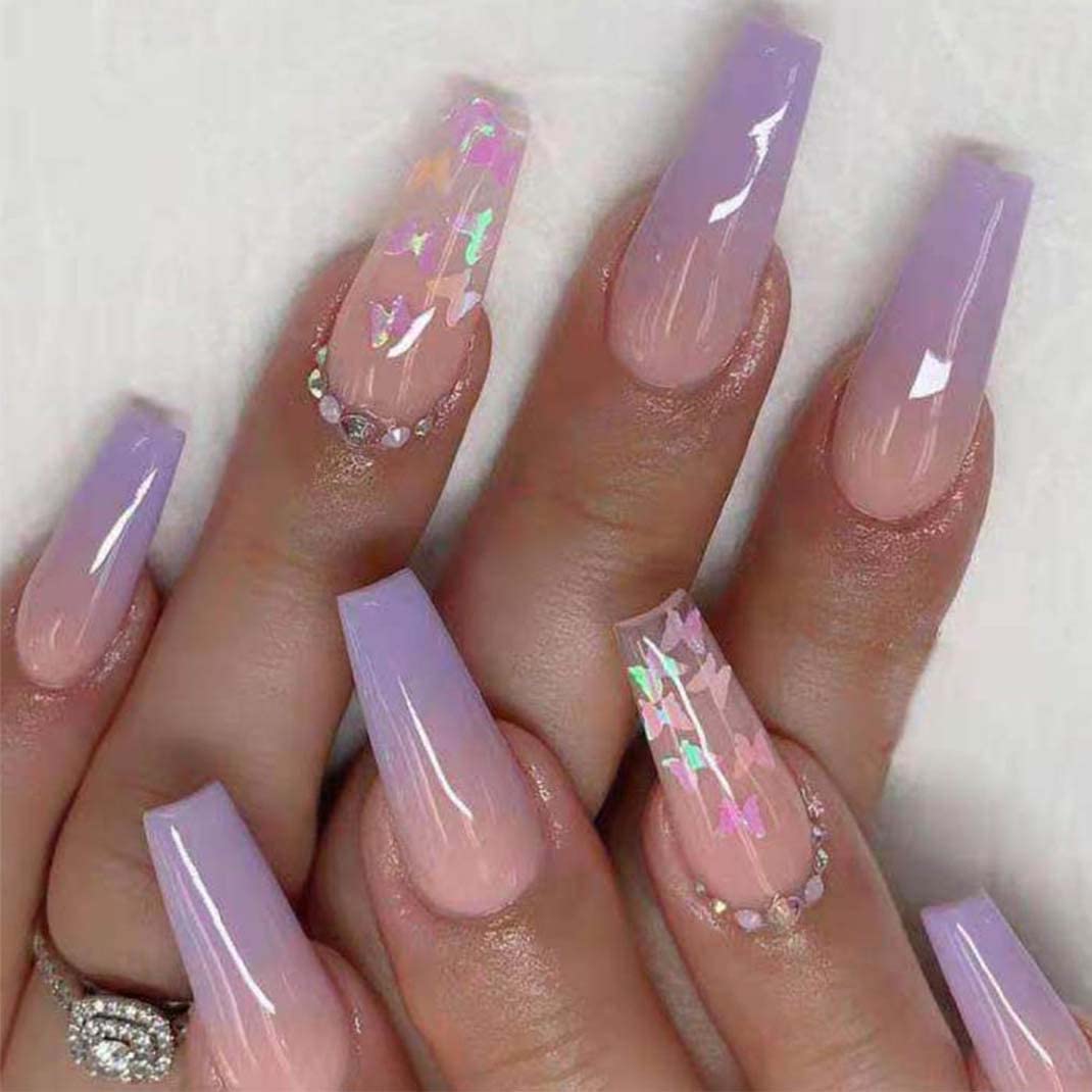 Long Fake Nails French Tip Press on Nails - Coffin Shape with Butterfly Design in Purple for Women | Perfect for Parties, Weddings & Special Occasions