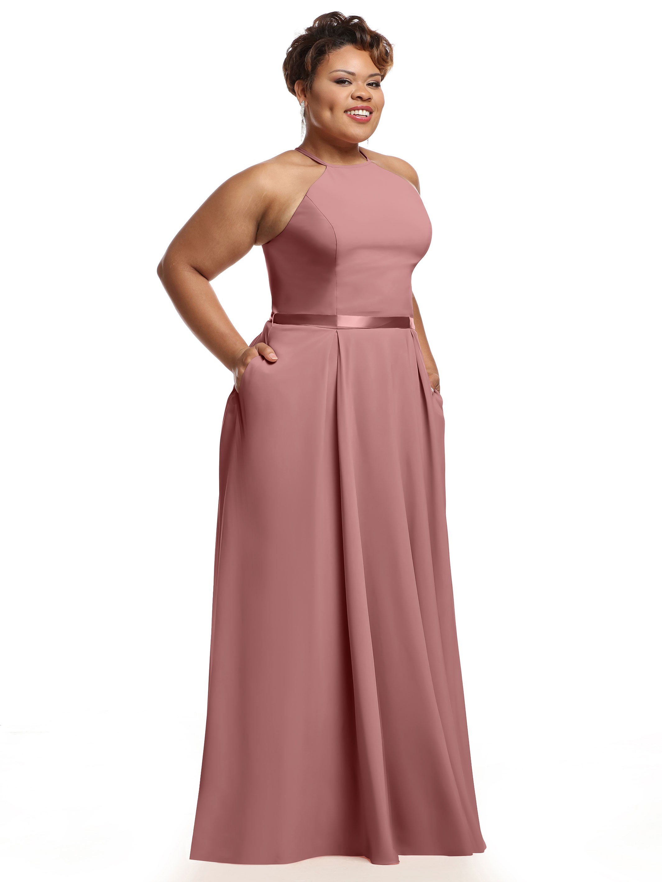 Elegant A-Line Stretch Chiffon Bridesmaid Dress with Halter Neckline & Waist Belt - Perfect for Weddings, Formal Events & Special Occasions