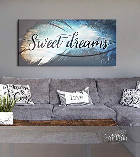 Feather Sweet Dreams Wall Art - Large Framed Canvas Print (42x19) for Master Bedroom Decor, Above Bed Wall Decor | Perfect for Home, Office & Gift Giving