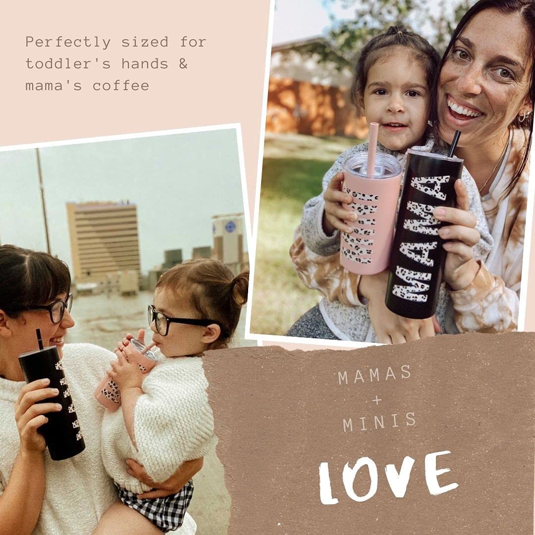 Lucky Love Mama & Mini Stainless Steel Insulated Cups - Leopard Print 3D Tumbler Set with Lids & Straws for Kids & Adults | Spill-Proof Mom & Toddler Drinking Cups | Perfect for Travel, School & Family Outings (Mini Black)