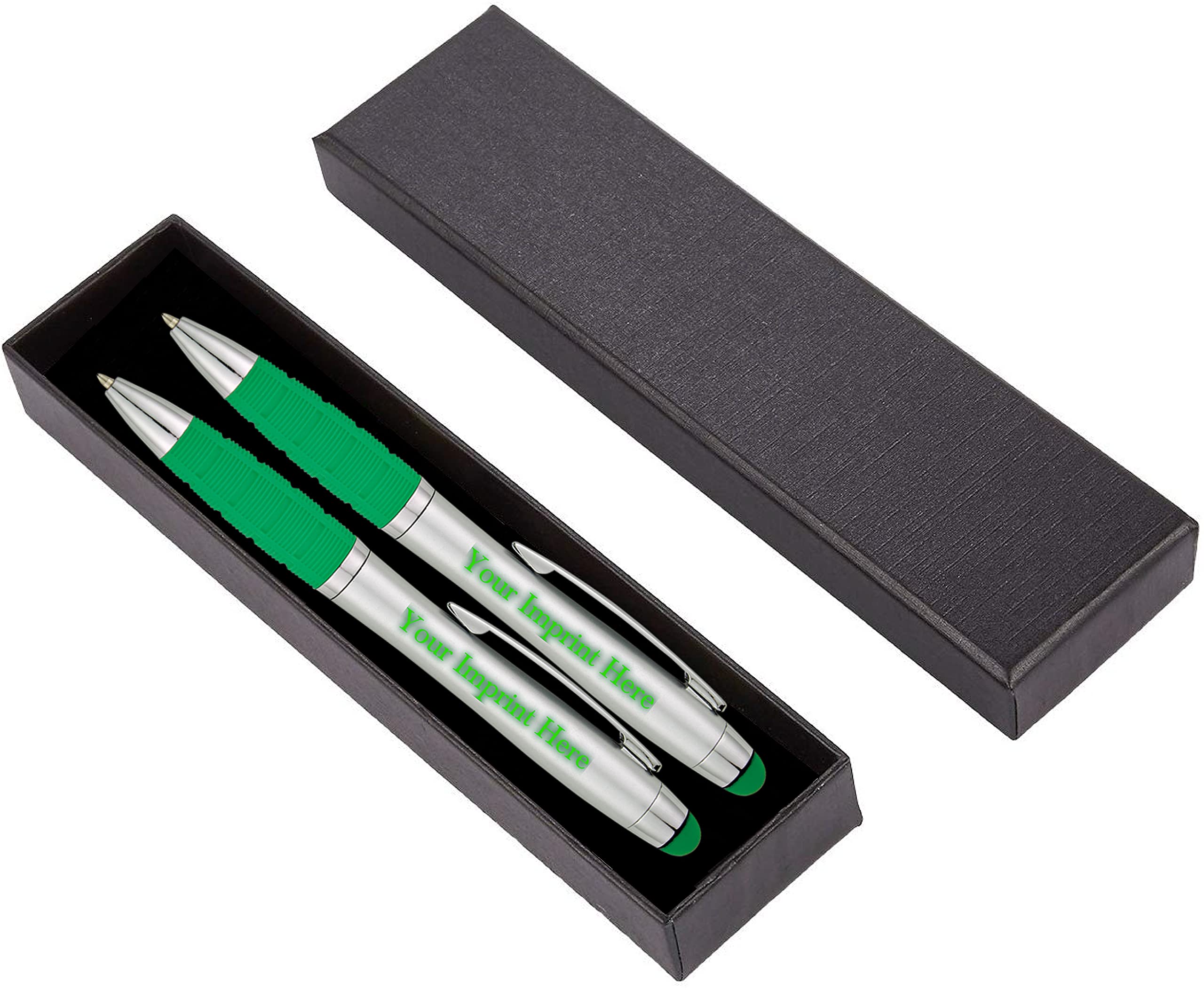 Personalized Engraved Light Up Pens - 2 Pack Luxury Ballpoint Pens with Gift Box & Custom Name/Message (Green) | Perfect for Gifts, Office Use, and Night Writing