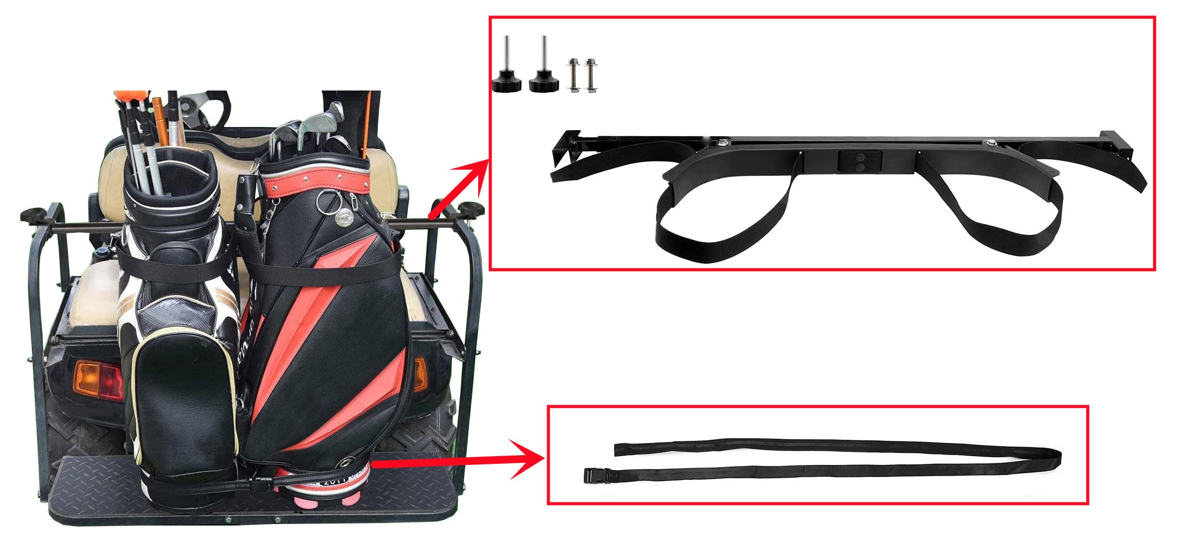 Golf Cart Bag Holder Bracket - Universal Fit for EZGO, Club Car & Yamaha Carts - No Drilling Required & Adjustable Length - Perfect for Golf Bags, Coolers & Storage on Rear Seats