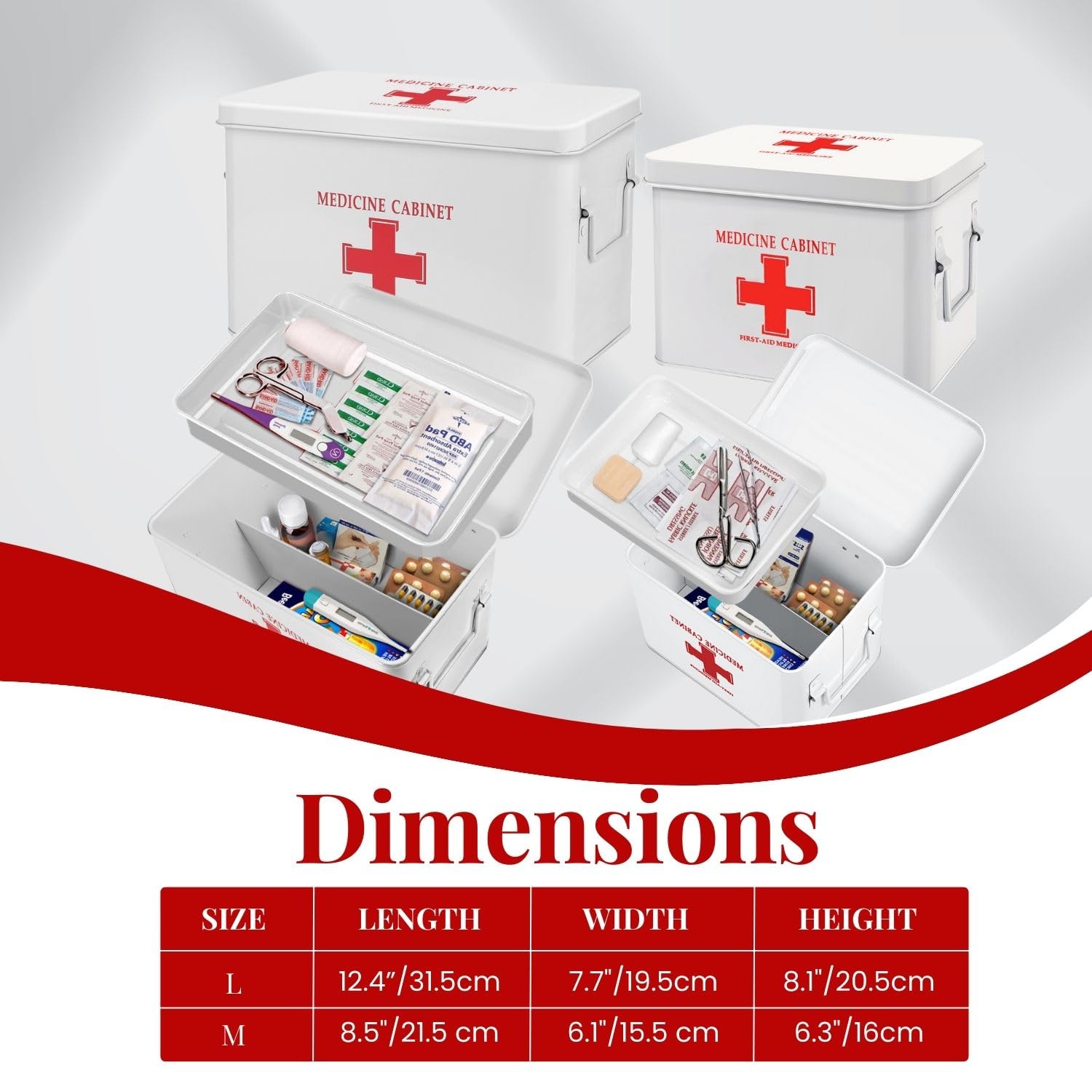 Vintage White 8.5 Inch Metal First Aid Kit Box with Dividers & Removable Tray - Empty Medical Storage Organizer Container with Cross Logo - Perfect for Home, Office, Camping, and Emergency Preparedness