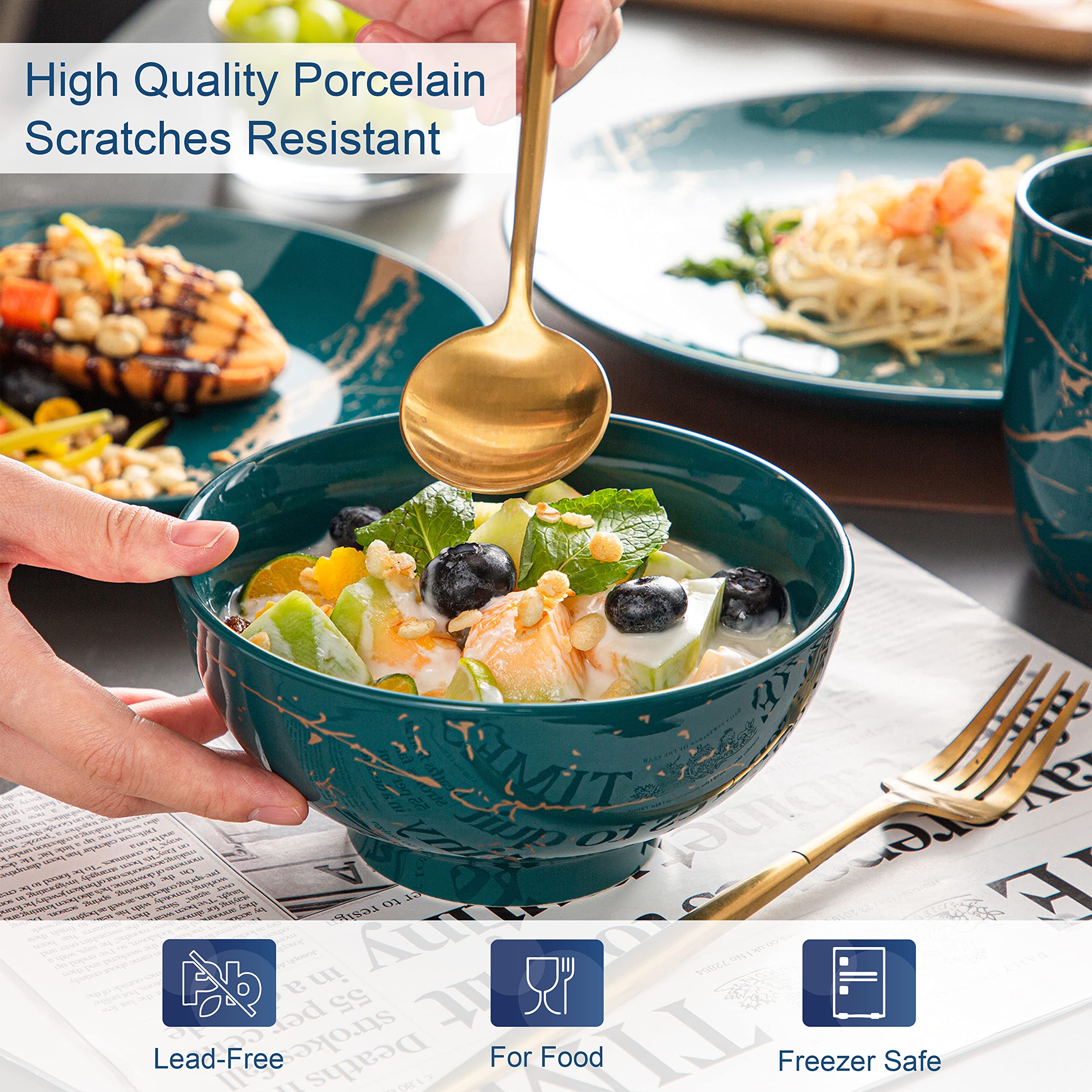 LOVECASA 16-Piece Porcelain Dinnerware Set for 4 - Gold Trim Dark Green Plates, Bowls & Mugs - Elegant Dinner Plates, Dessert Plates & Soup Bowls - Perfect for Family Dinners, Holiday Entertaining & Restaurant-Style Dining