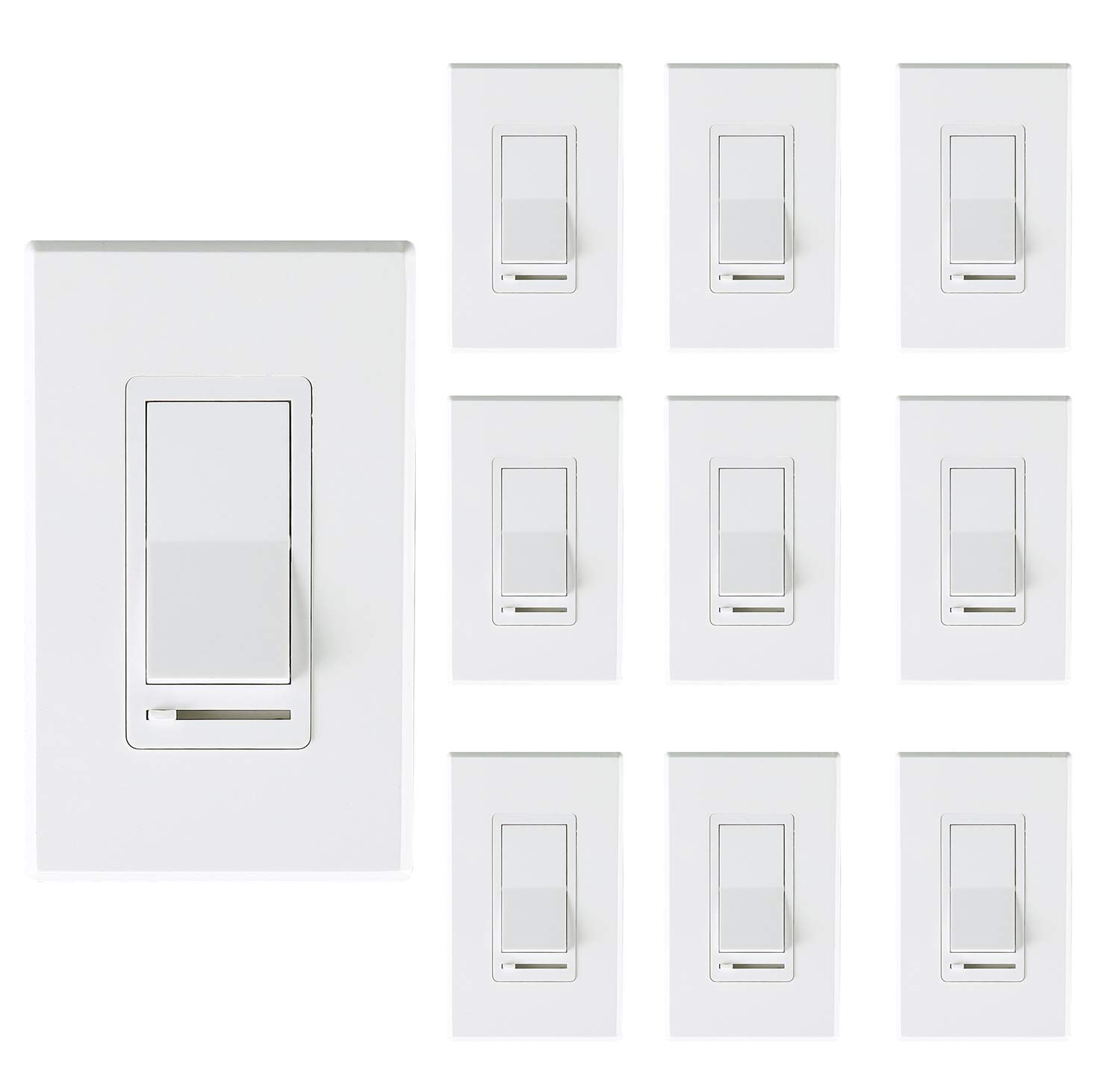 10 Pack Cloudy Bay 3-Way/Single Pole Dimmer Switch - Compatible with 150W LED/CFL & 600W Incandescent/Halogen Lights - Includes Wall Plates - Perfect for Home Lighting Control in Bedrooms, Living Rooms & Hallways