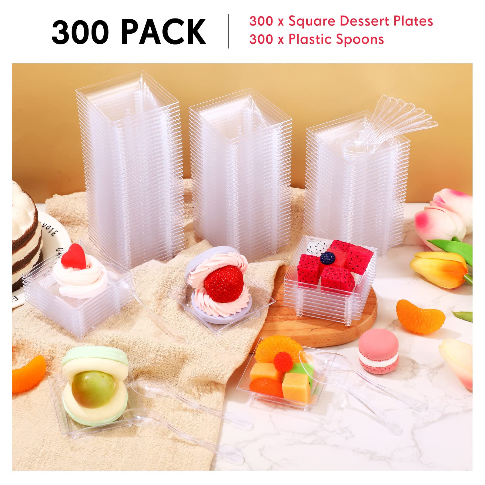 300-Piece Mini Dessert Plates Set with 300 Tasting Spoons - 1 oz Clear Disposable Plastic Appetizer Plates 2.4x2.4 Inch for Cake, Ice Cream, Fruit Salad - Perfect for Wedding Parties, Catering Events & Tastings