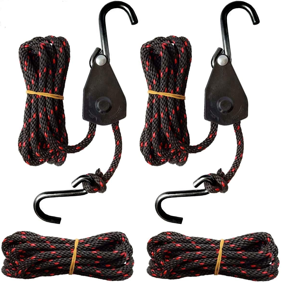 Seamander Heavy Duty Kayak Canoe Bow & Stern Tie Down Straps - 1/4'' x 10ft + 10ft Ratchet Rope Hangers for Secure Transport - Perfect for Roof Racks, Trailers & Watercraft Storage