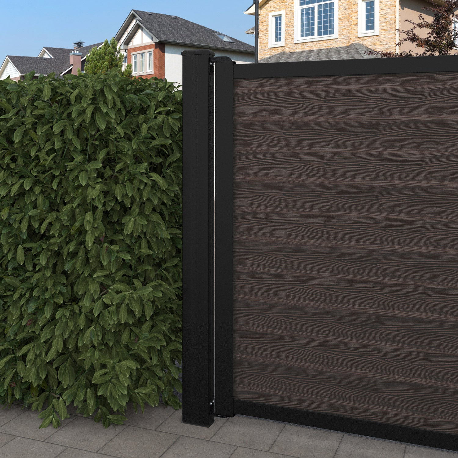 Classic Alnara Curved Top Driveway Gate - Mid Brown Finish with Middle & End Screen - Perfect for Residential Driveways, Garden Entrances & Property Security