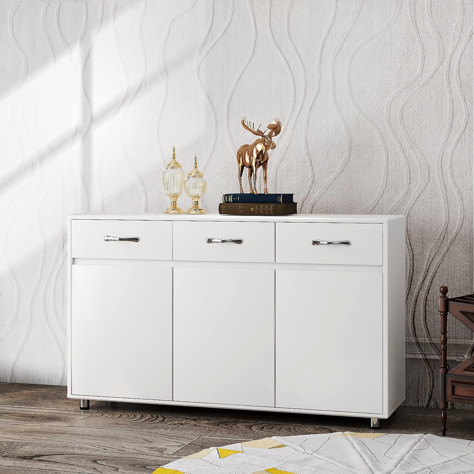 Modern White 3-Door Side Table - Minimalist Design Console Table for Living Room, Bedroom & Entryway - Compact Storage Cabinet with Sleek Style