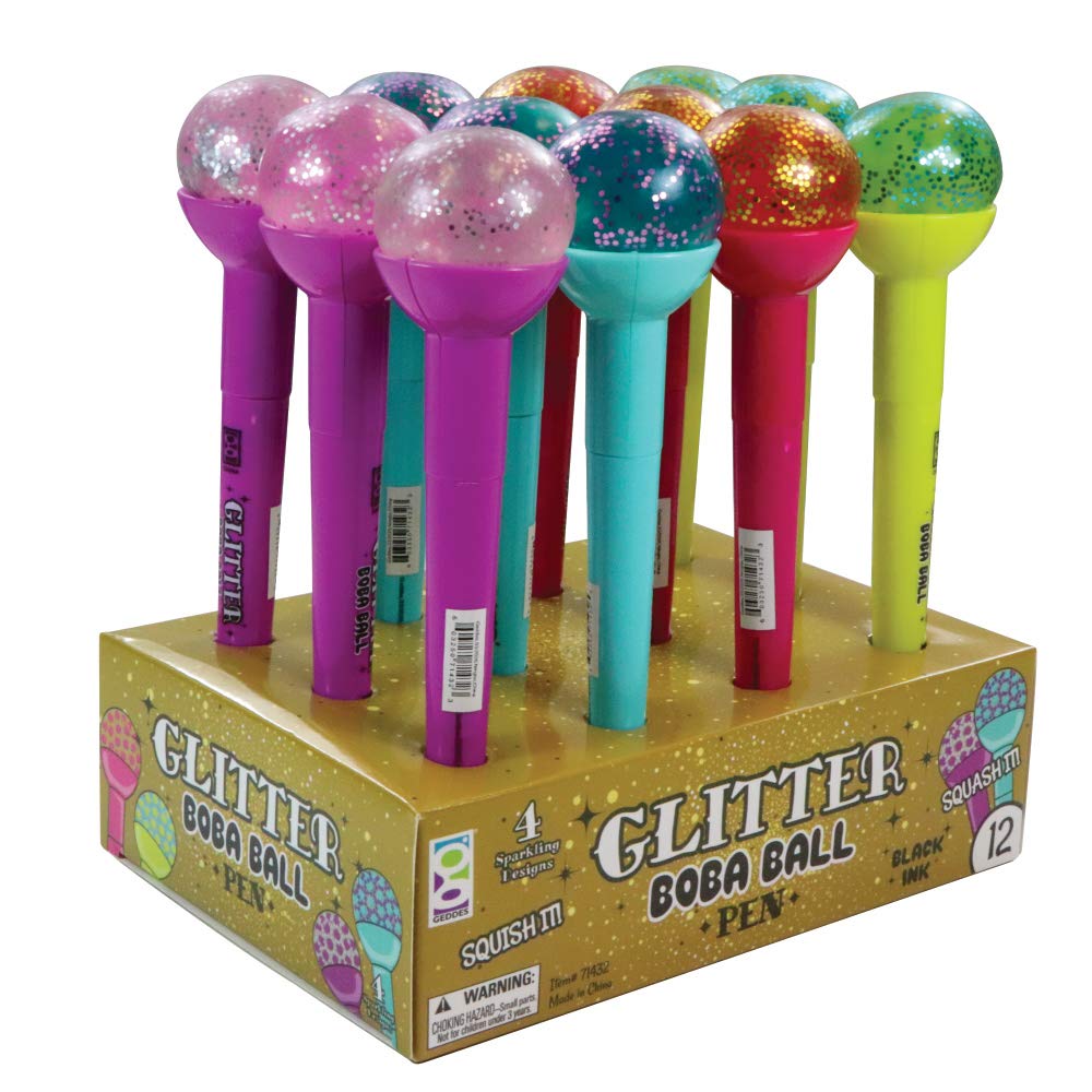 Raymond Geddes Glitter Boba Squishy Top Pens - Pack of 12 Colorful Fun Writing Pens for School, Office & Note Taking - Perfect Stress Relief Fidget Toy for Kids & Adults