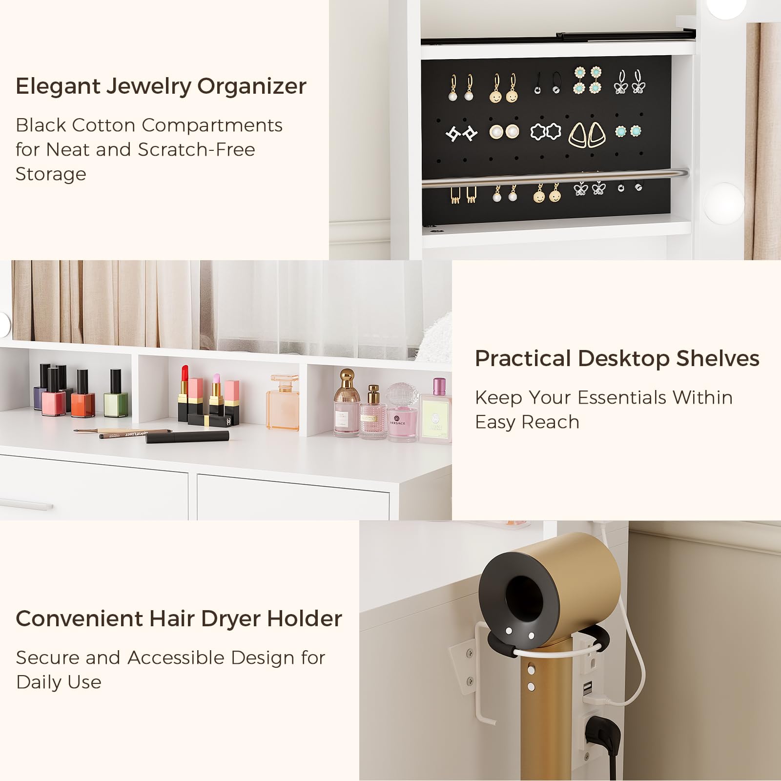Vanity Desk with Mirror and LED Lights - White Makeup Table with Large Drawers, Sliding Storage & Wall-Mounted Jewelry Organizer | 3 Color Modes, Power Outlet & Cushioned Stool Included | Perfect for Bedroom, Dressing Room & Beauty Salon Makeup Station