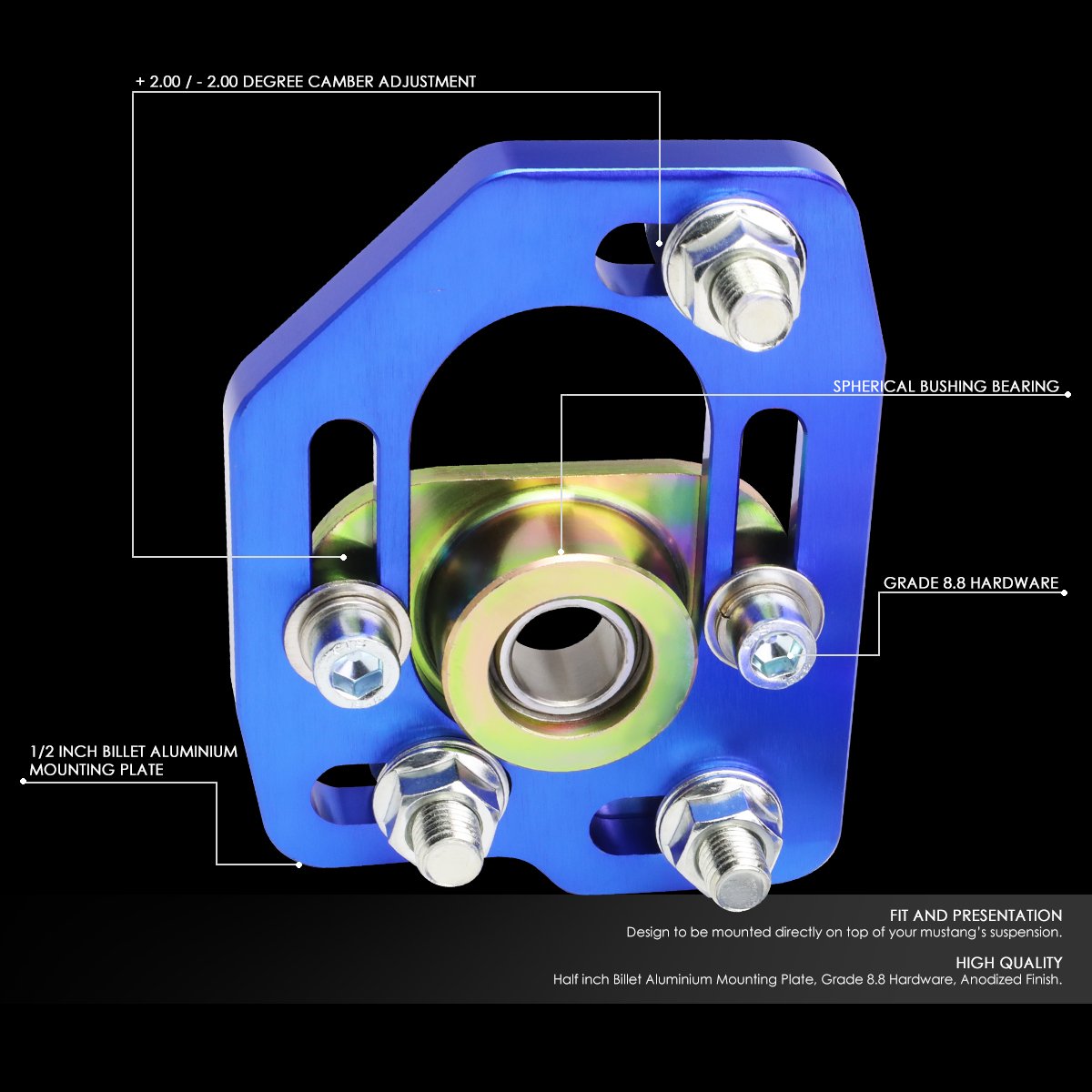 DNA MOTORING CBK-PLT-FM90-BL Front Camber Caster Plates - Blue - Compatible with 1990-1993 Ford Mustang - Performance Suspension Upgrade for Track Racing & Street Driving