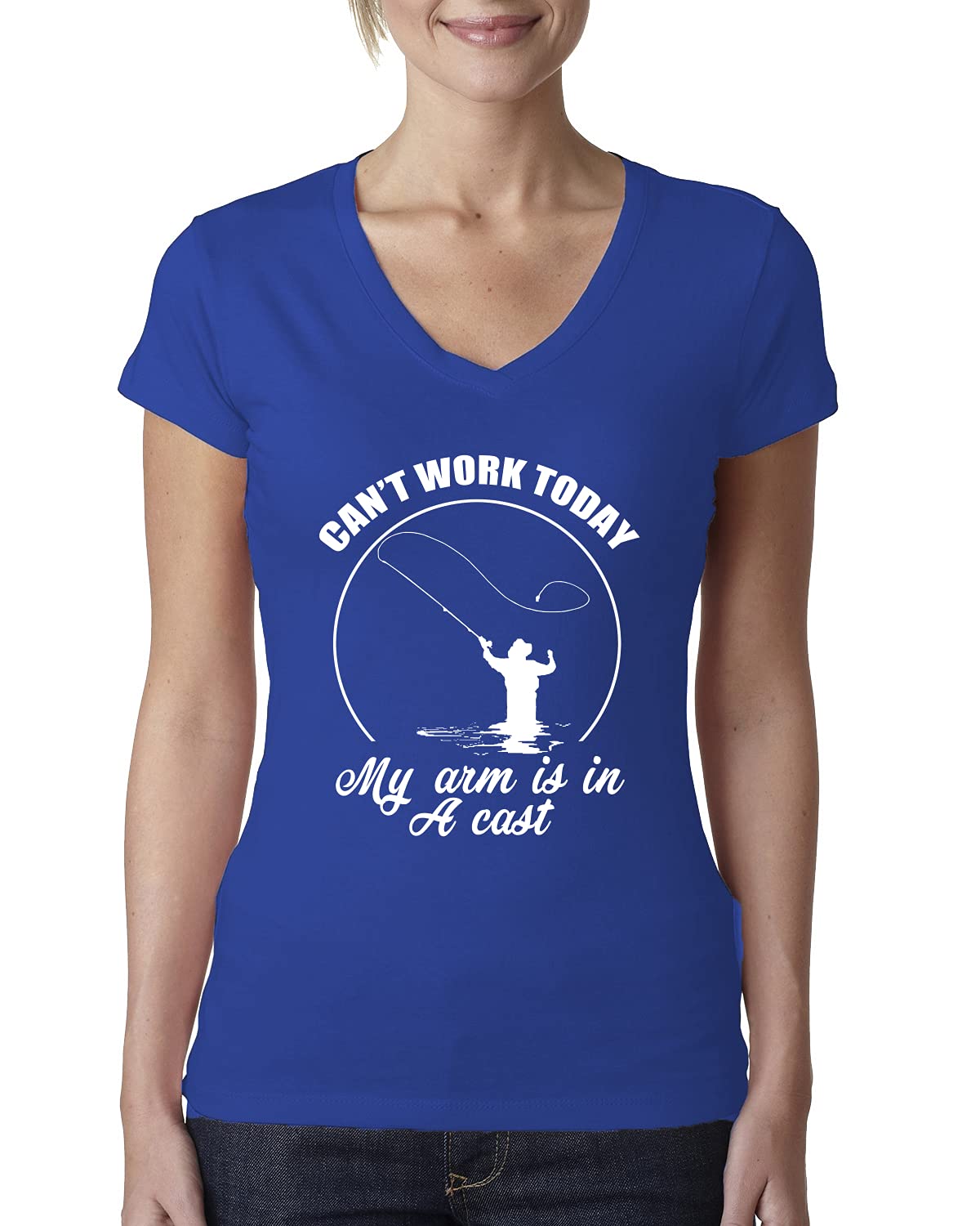 Funny Fishing V-Neck T-Shirt for Women - 'Can't Work Today My Arm is in A Cast' Humorous Tee - Perfect for Casual Wear, Fishing Trips, and Outdoor Adventures