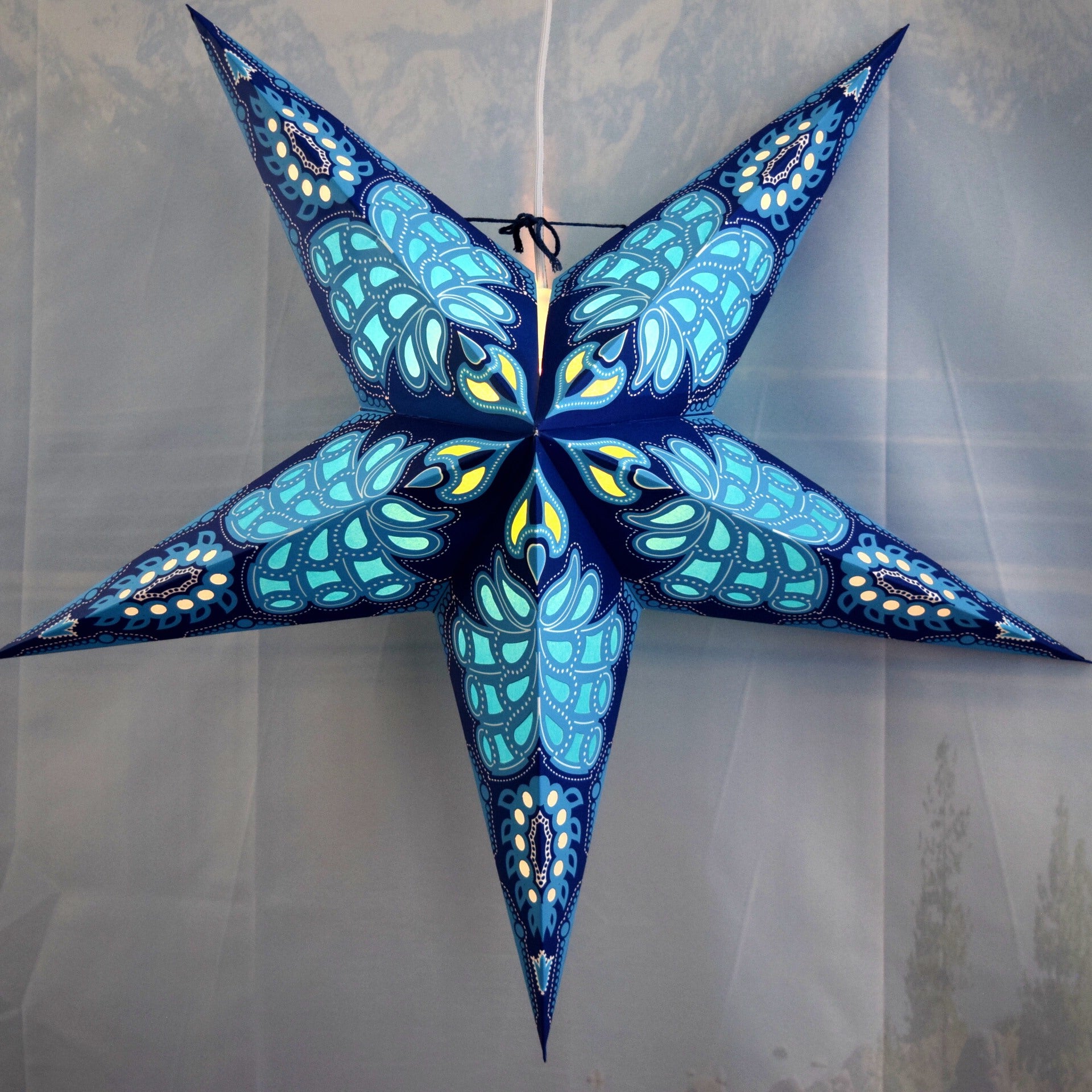 24 Inch Blue Astral Glow Paper Star Lantern with Pendant Light - DIY Hanging Decor for Bedroom, Party, Wedding & Outdoor Lighting