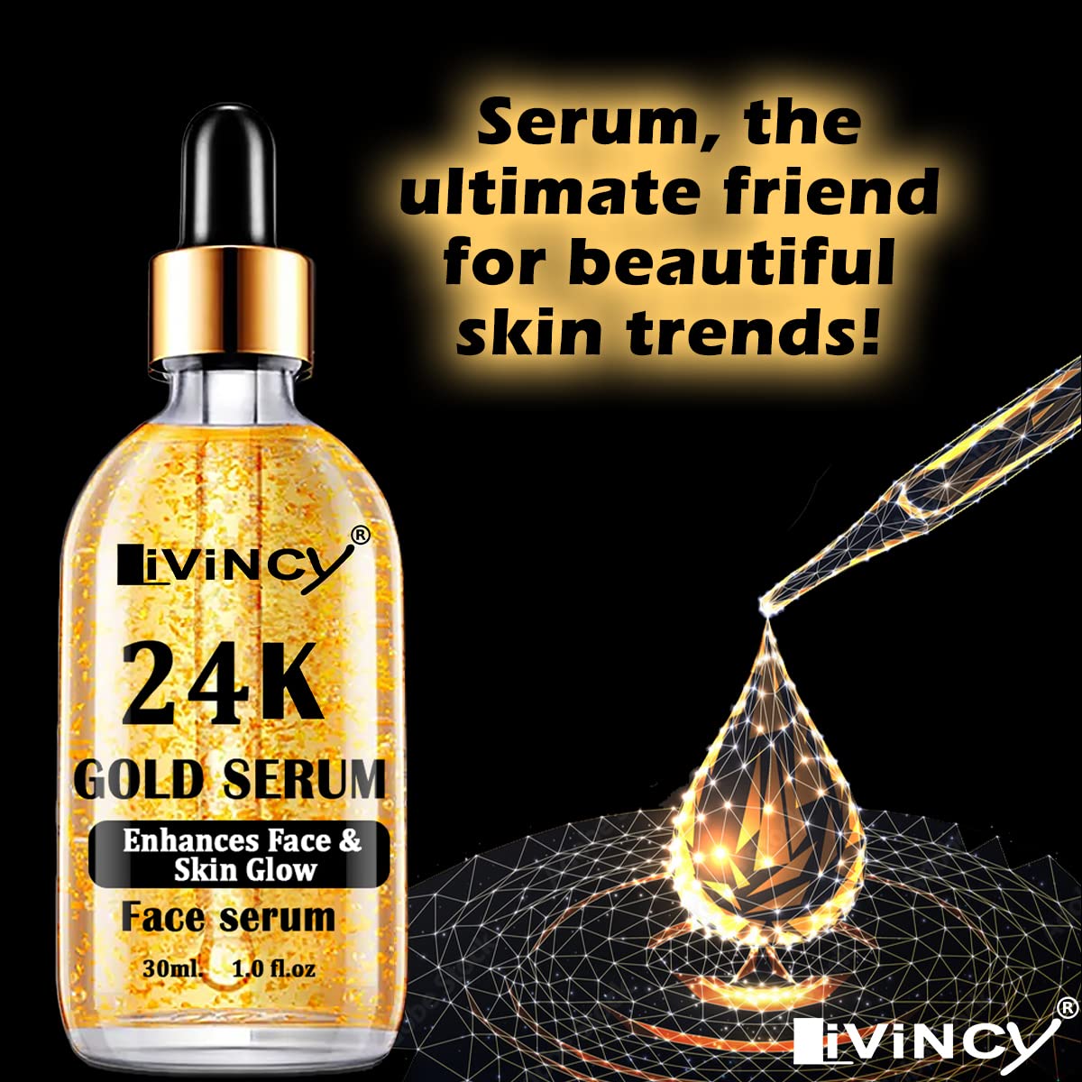 LIVINCY 24K Goldzan Serum - 99.9% Pure Gold Anti-Aging Face Serum for Wrinkles & Fine Lines | 30ml Luxury Skincare for Night & Day Use