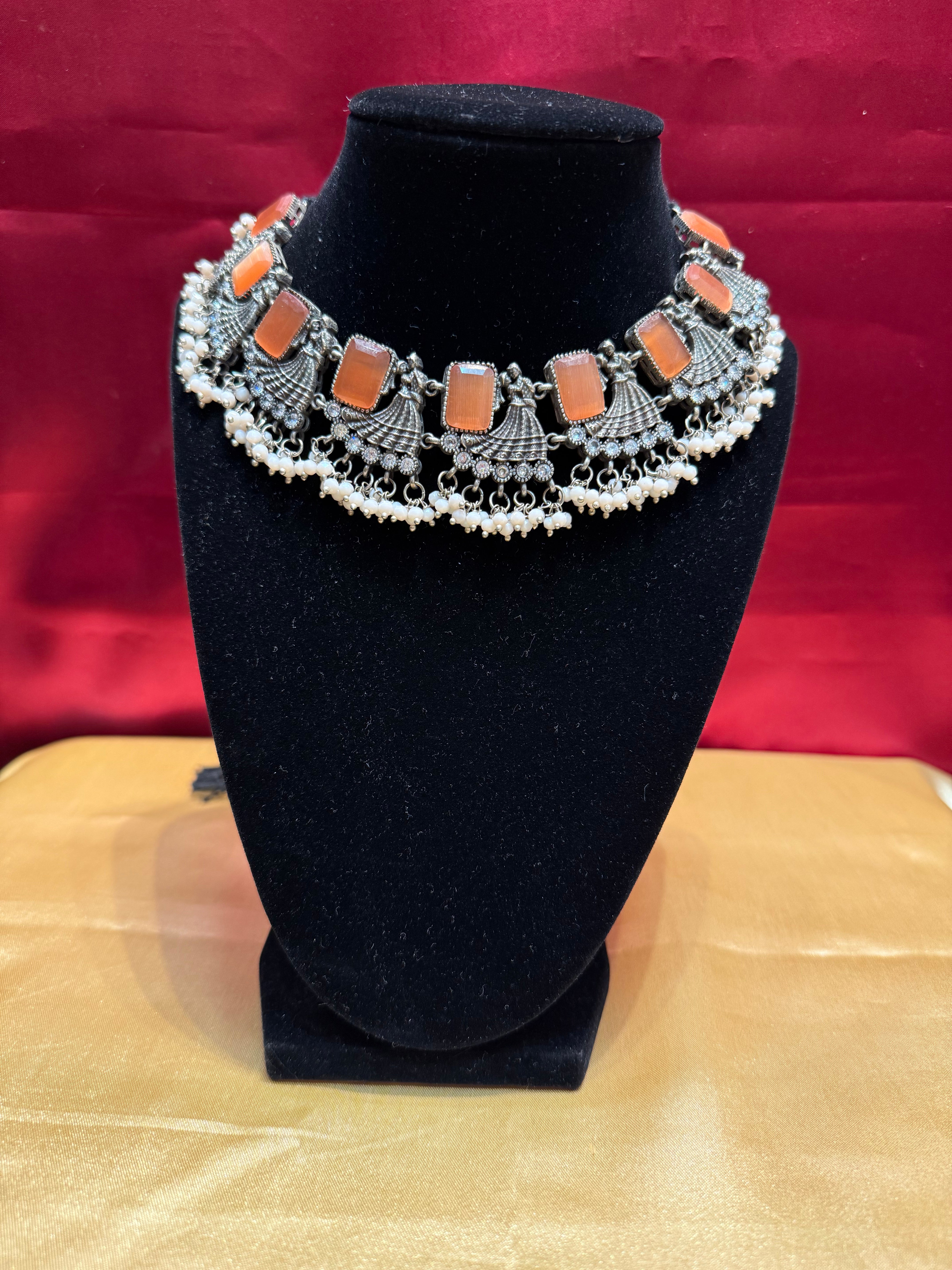 Elegant Pastel Orange Stone Studded Oxidized Designer Necklace for Women | Boho Chic Jewelry Gift for Her | Perfect for Date Night, Weddings & Special Occasions
