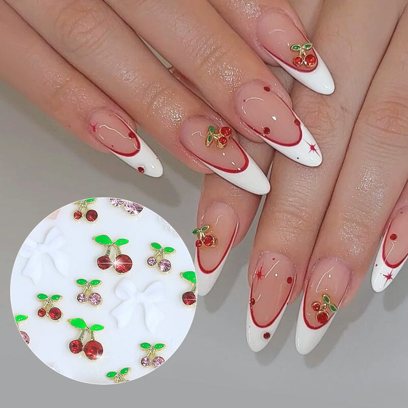 24pcs 3D Heart Bowknot Cherry Nail Decorations - Mixed Rhinestones Charms for DIY Nail Art, Manicure, Pedicure & Party Nail Designs