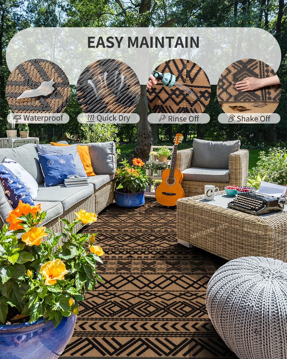 MontVoo 5x8 ft Waterproof Reversible Outdoor Rug - Durable Plastic Straw Patio Carpet for RV, Camping, Deck, Balcony, Picnic & Beach | Indoor/Outdoor Boho Decor in Black & Brown | Perfect for Patio Furniture, Backyard Gatherings & Coastal Themed Spaces