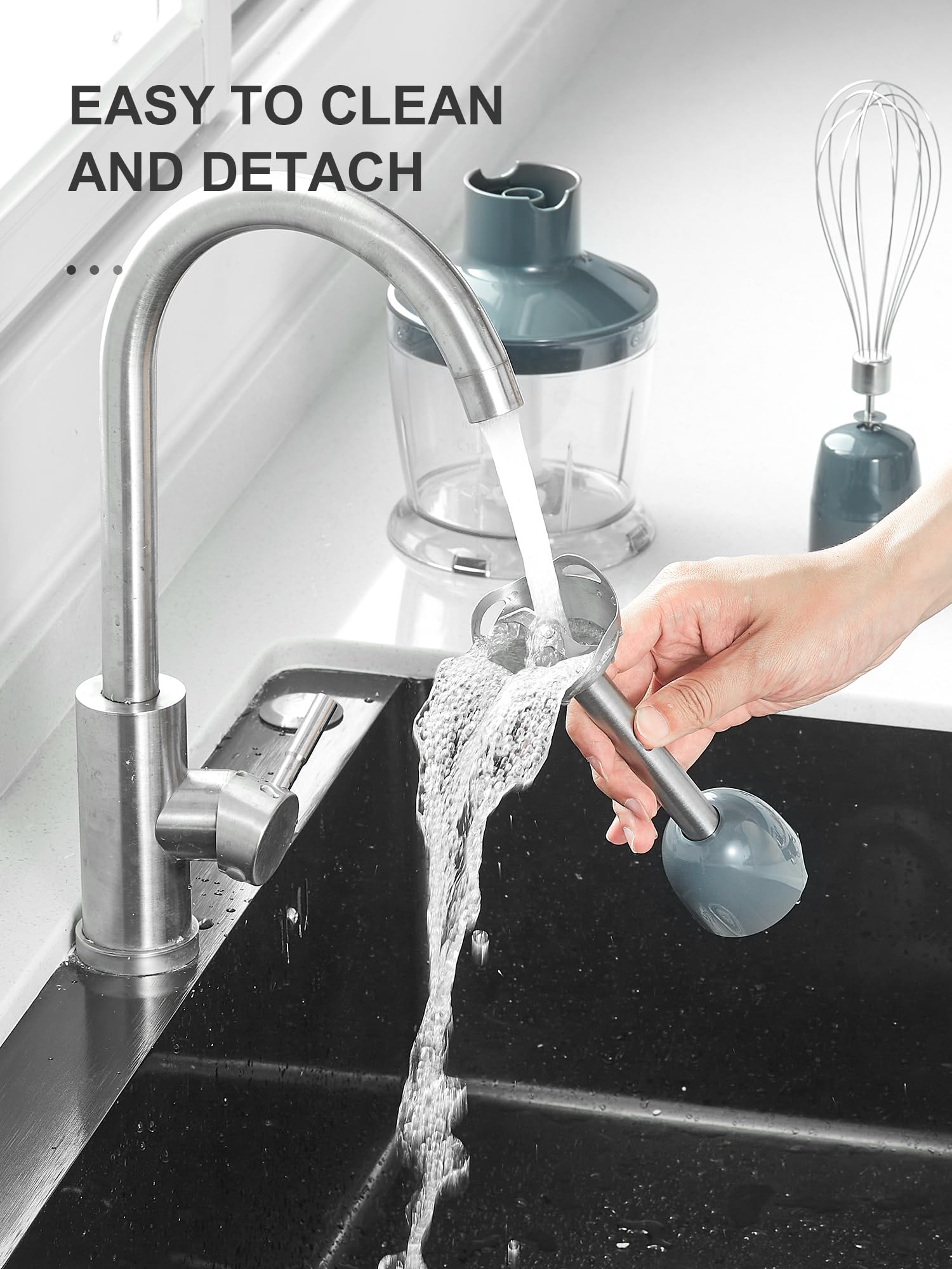 5-in-1 Immersion Hand Blender 1000W - Powerful Stainless Steel Stick Blender with Copper Motor, Mixing Beaker, Whisk & Milk Frother - Perfect for Smoothies, Baby Food Puree, Soups & Kitchen Prep (Gray)