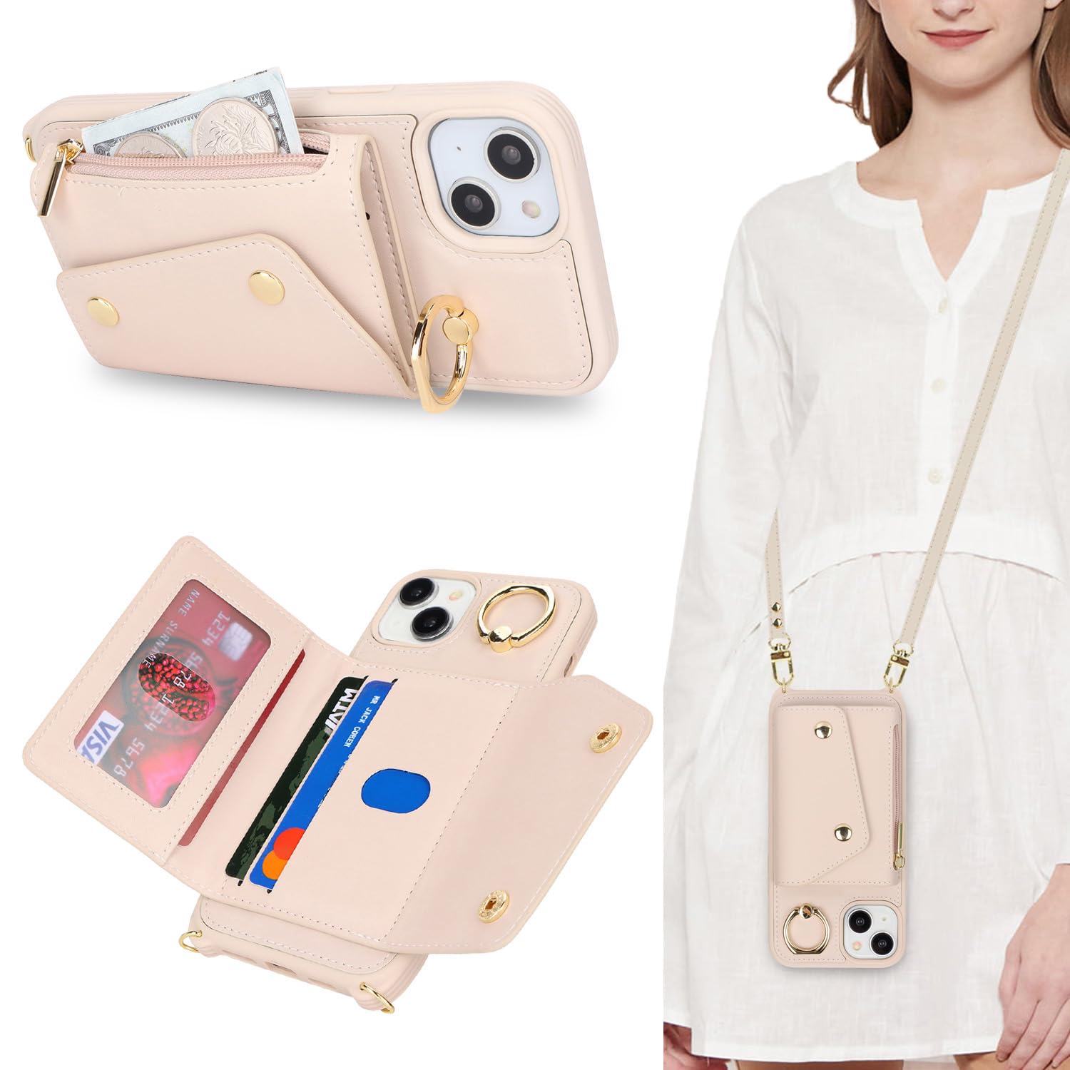 Premium iPhone 15 Plus Wallet Case with Card Holder & Crossbody Strap - 6.7