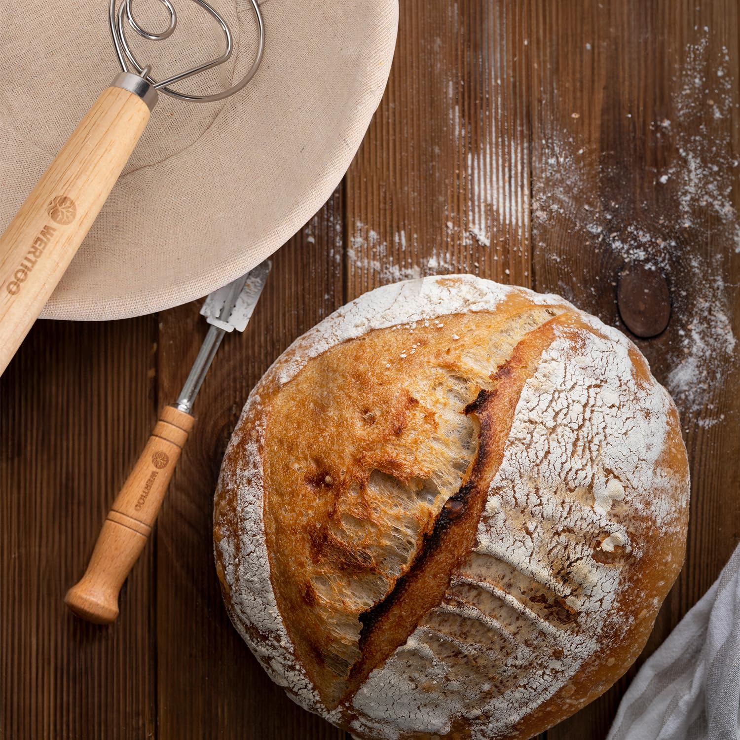 Premium Banneton Bread Proofing Basket Set of 2 - 9 Inch Round Sourdough Proofing Baskets with Dough Scraper, Danish Whisk & Bread Lame | Artisan Sourdough Baking Kit for Homemade Bread | Perfect for Bakers & Bread Making Enthusiasts