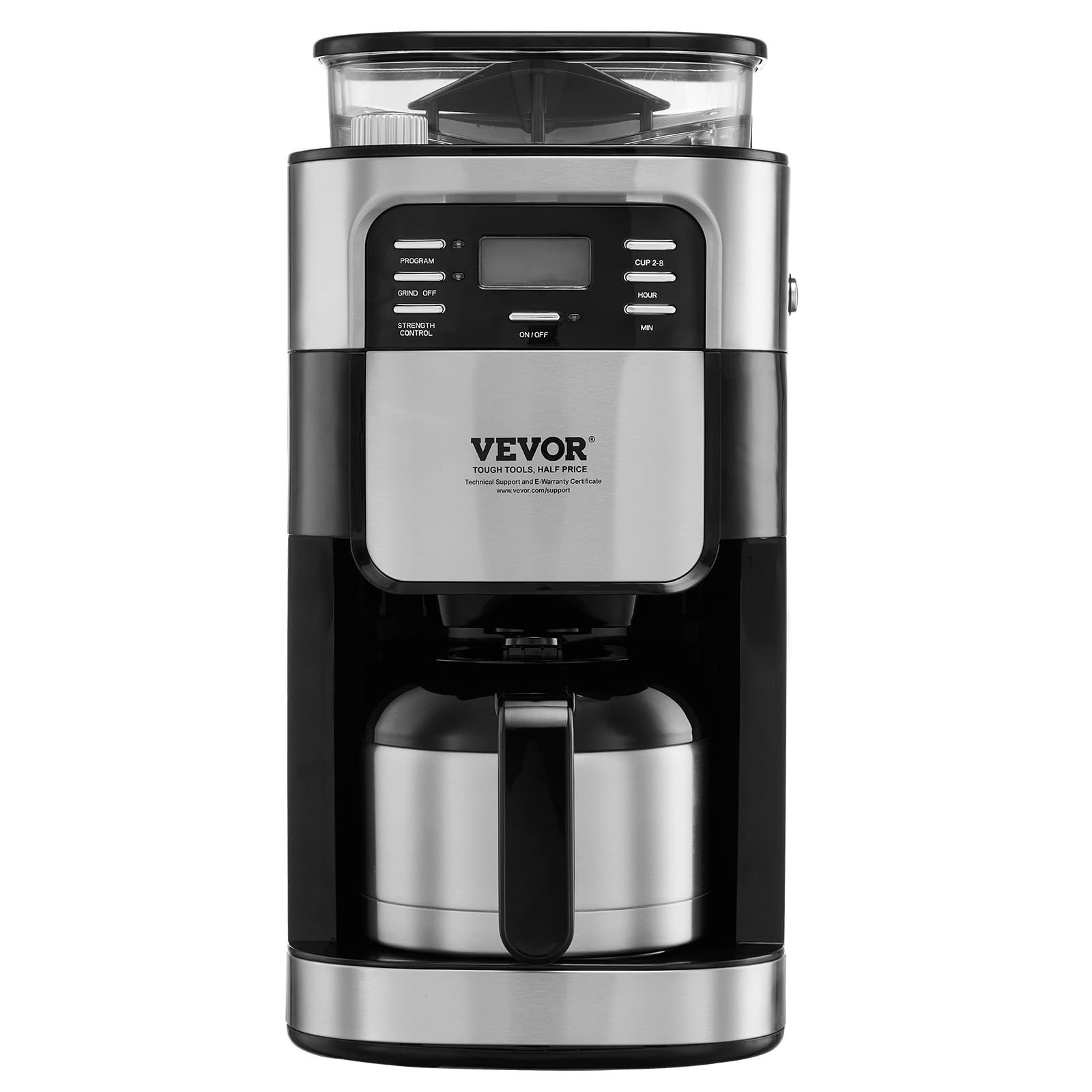 VEVOR 8 Cup Coffee Maker with Built-in Grinder, 3 Brew Strength Control & 24-Hour Auto Brew Timer - Perfect for Home, Office, and Restaurant Use