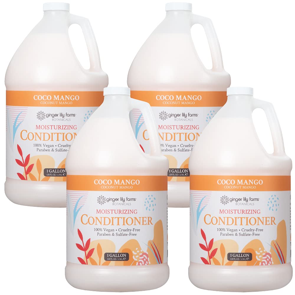 Ginger Lily Farms Botanicals Deep Moisturizing Conditioner for Dry Damaged Hair - Coconut Mango Scented 100% Vegan Cruelty-Free Hair Treatment - 1 Gallon Refill Pack of 4 - Perfect for Salons, Spas & Home Hair Care Routines