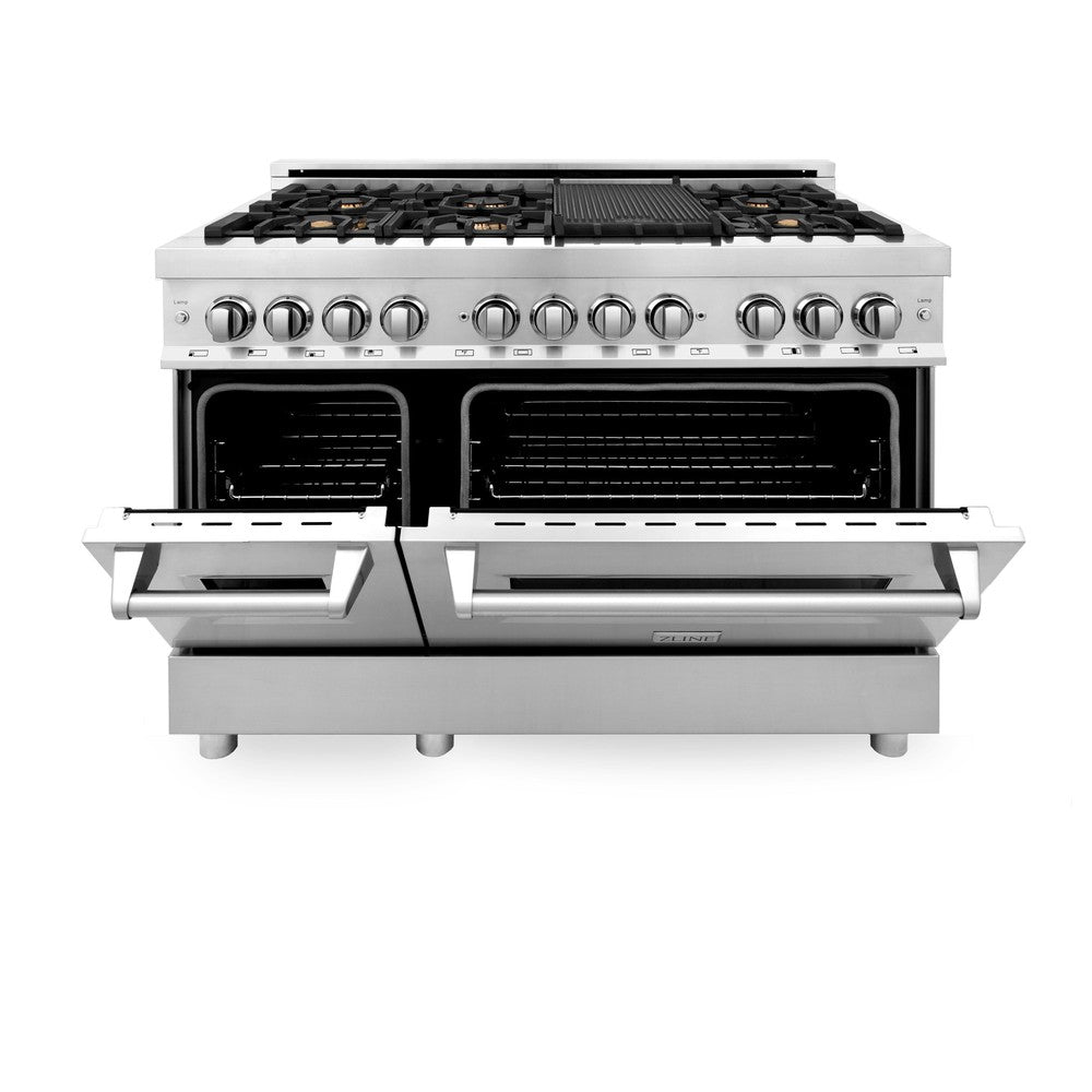 ZLINE 48-inch 6.0 cu. ft. Stainless Steel Dual Fuel Range with Gas Cooktop & 2 Electric Ovens - Brass Burners (RA BR 48) for Professional Home Kitchens & Gourmet Cooking