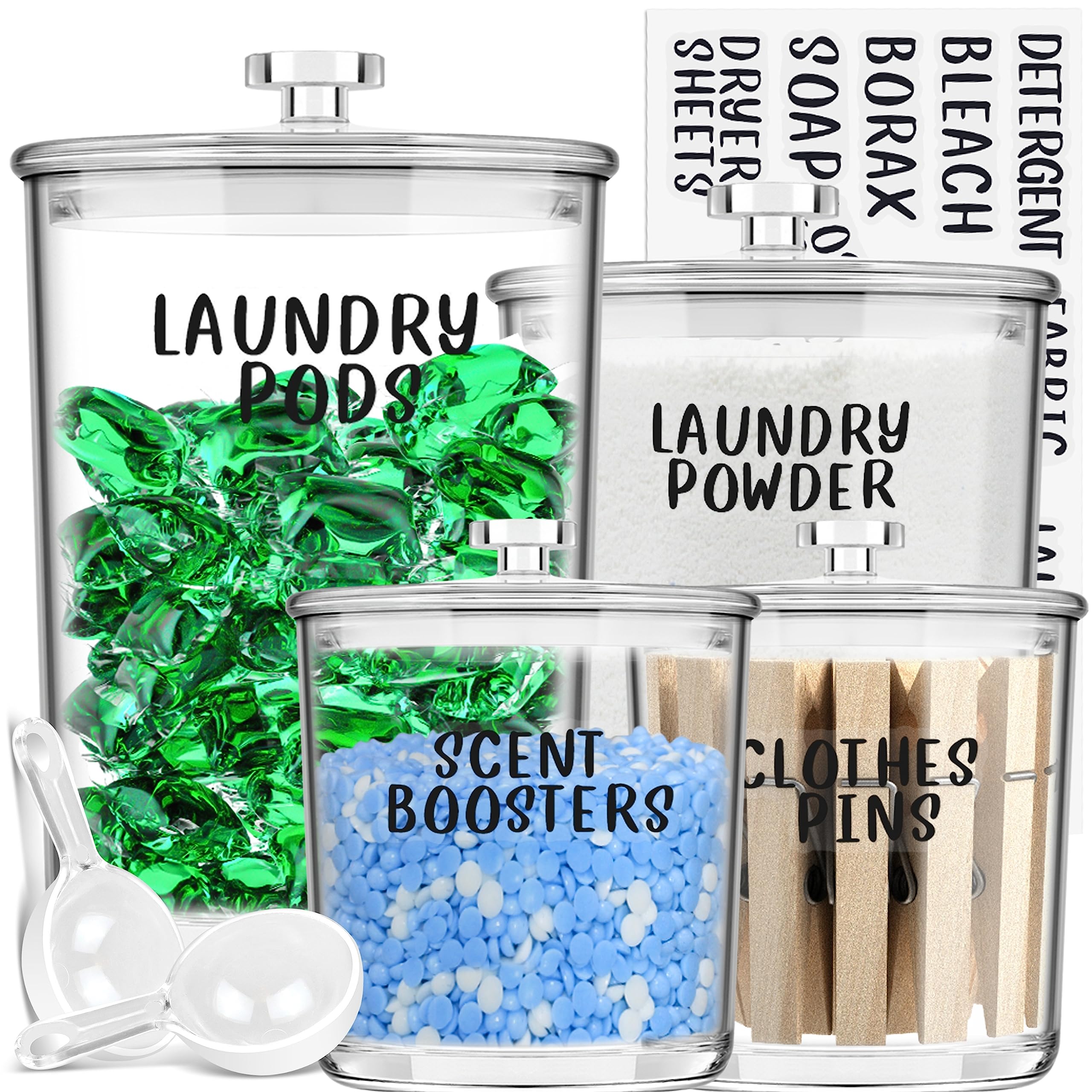 4 Pack Clear Acrylic Laundry Storage Containers with Labels & Scoops - Organize Pods, Powder, Detergent, Scent Boosters & Soap - Perfect for Laundry Room Organization & Small Space Storage Solutions
