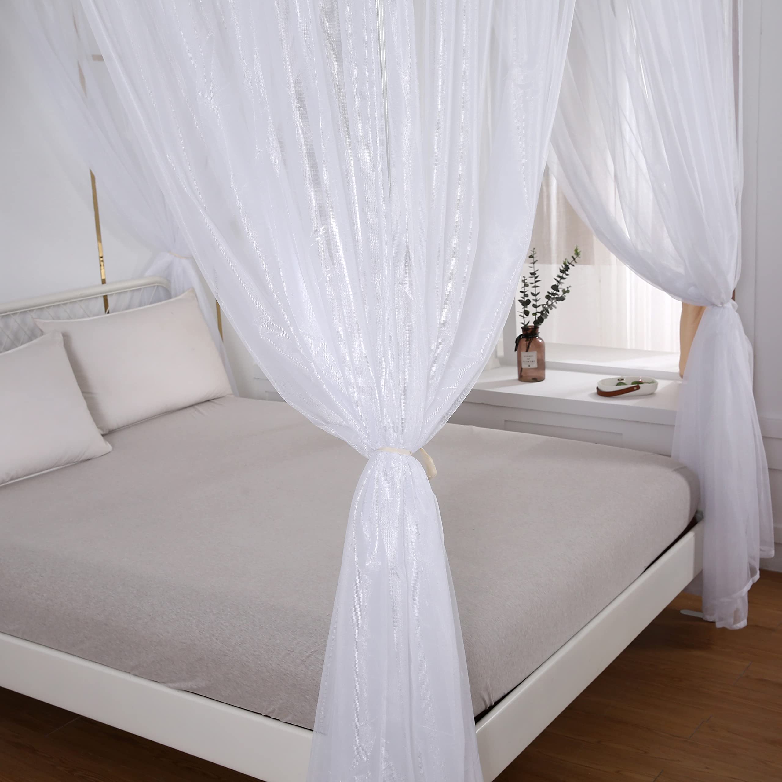 Princess Canopy Bed Curtains Set with Star Lights - Sheer Canopy for King Size Bed, 8 Panel Bed Canopy (White) - Perfect for Girls' Bedroom Decor, Fairy Tale Theme & Romantic Bedroom Makeover