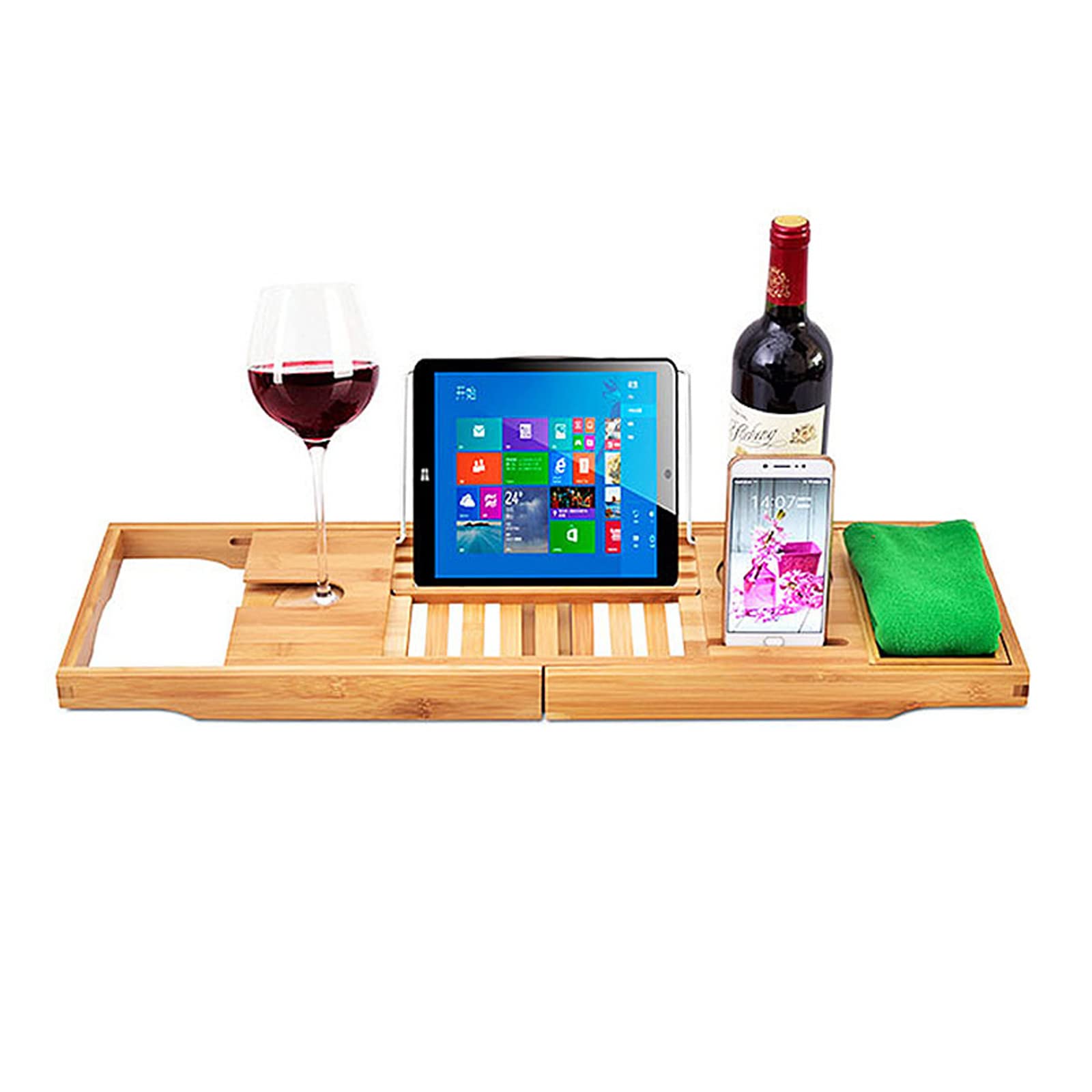 Expandable Bamboo Bathtub Tray - Adjustable Wooden Bathtub Caddy with Book/Tablet Holder & Wine Glass Slot for Relaxing Baths | Perfect for Reading, Wine, and Spa Nights at Home