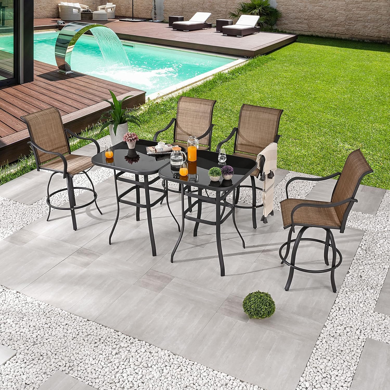 LOKATSE HOME 6-Piece Outdoor Patio Dining Set with Swivel Chairs & Tempered Glass Table - Durable Weather-Resistant Furniture for Poolside, Cafe, Porch, Backyard, and Garden Entertaining